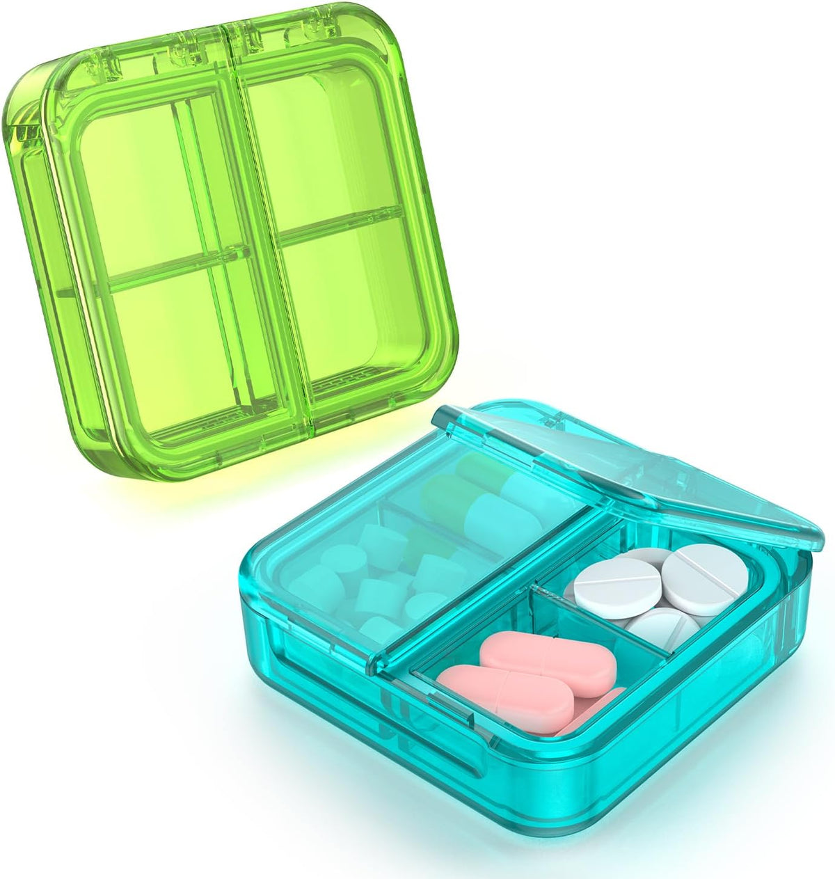 Small Pill Box,4 Compartments Travel Pill Case, Portable Pill Organizer,Mini Pill Container for Pocket,Daily Compact Travel Medicine Holder for Vitamins Fish Oil and Supplement Storage(Pink+Purple)