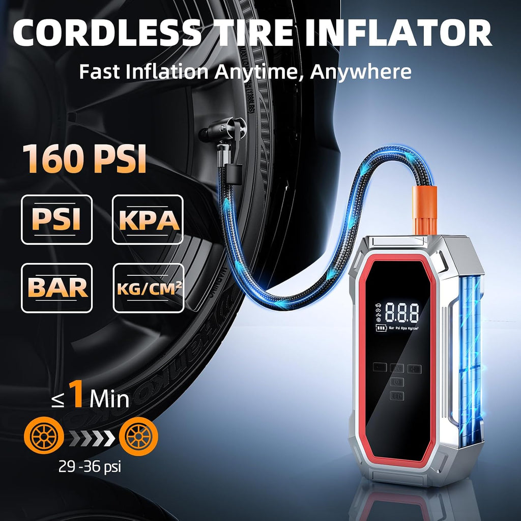 Jump Starter with Air Compressor, 5000A Peak Car Battery Jump Starter(9.0 Gas/8.0L Diesel), 160PSI 12V Jump Box Car Battery Jumper Starter Portable with Smart Jumper Cables, LED Lights, LCD Display