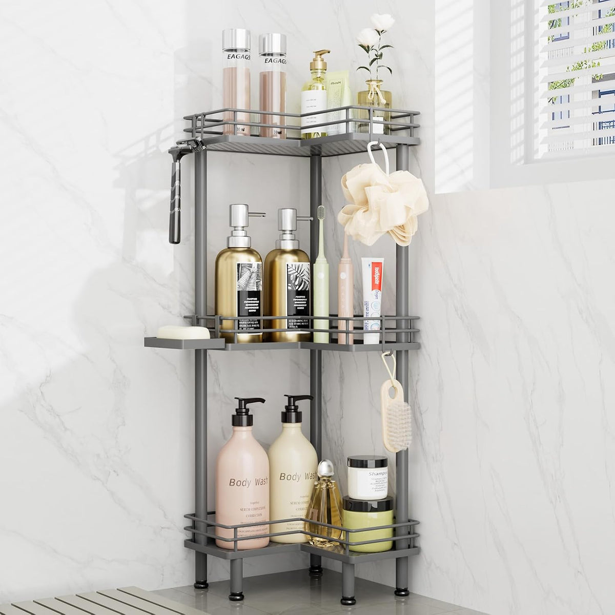 Consumest Corner Shower Caddy Standing - 3-Tier Stainless Steel Shower Organizer with Soap Holder and 4 Hooks, Large Capacity Corner Shelf Stand for Bathroom, Rest Room, Black