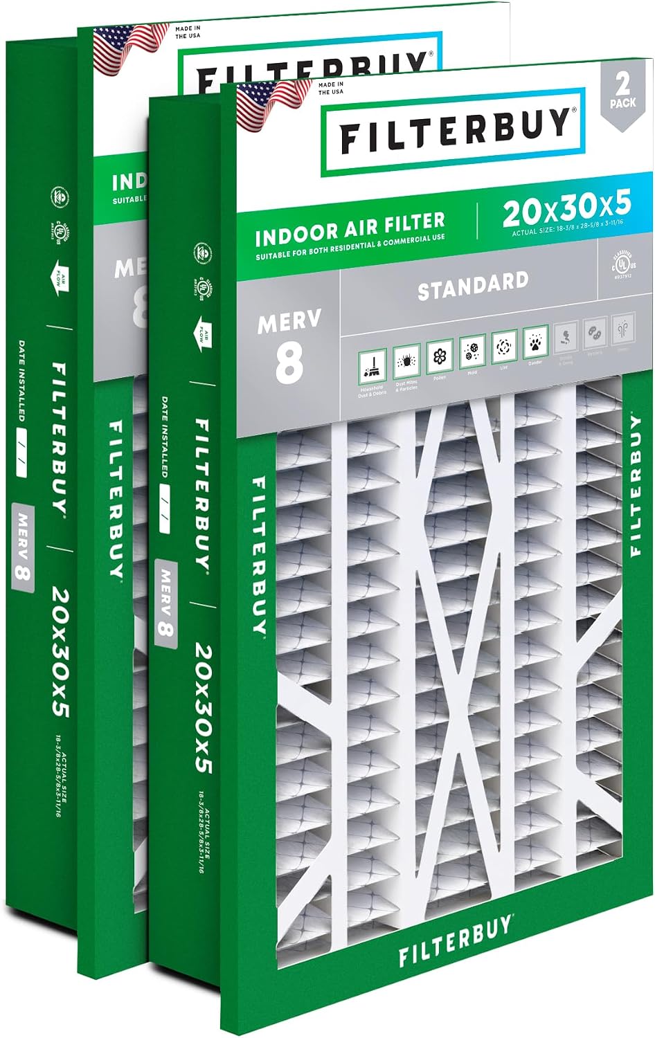 Filterbuy 20x25x5 Air Filter MERV 8 Dust & Allergy Defense (2-Pack)