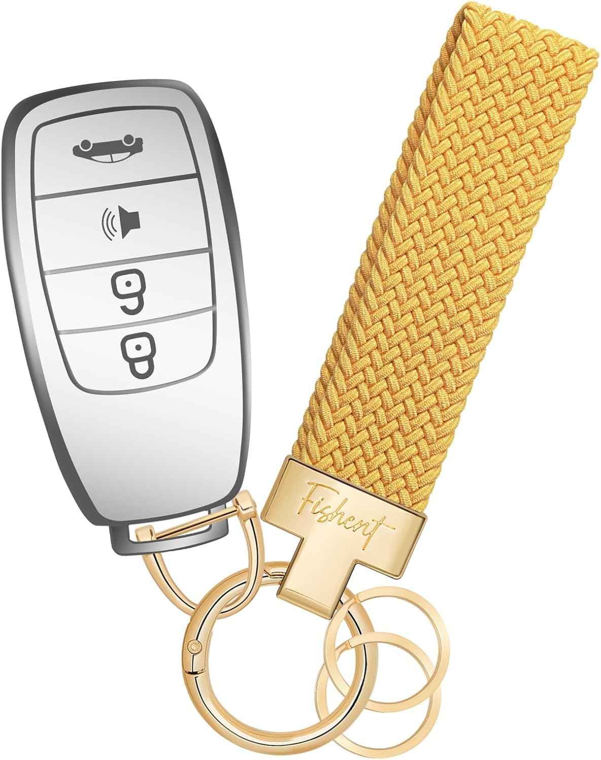 Fishent Stretchy Car Keychain, Nylon Braided Cool Key Chain for Women Men, Universal Key Fob Holder with 3 Keyrings, Anti-Lost D-Ring, Car Accessories, Starlight