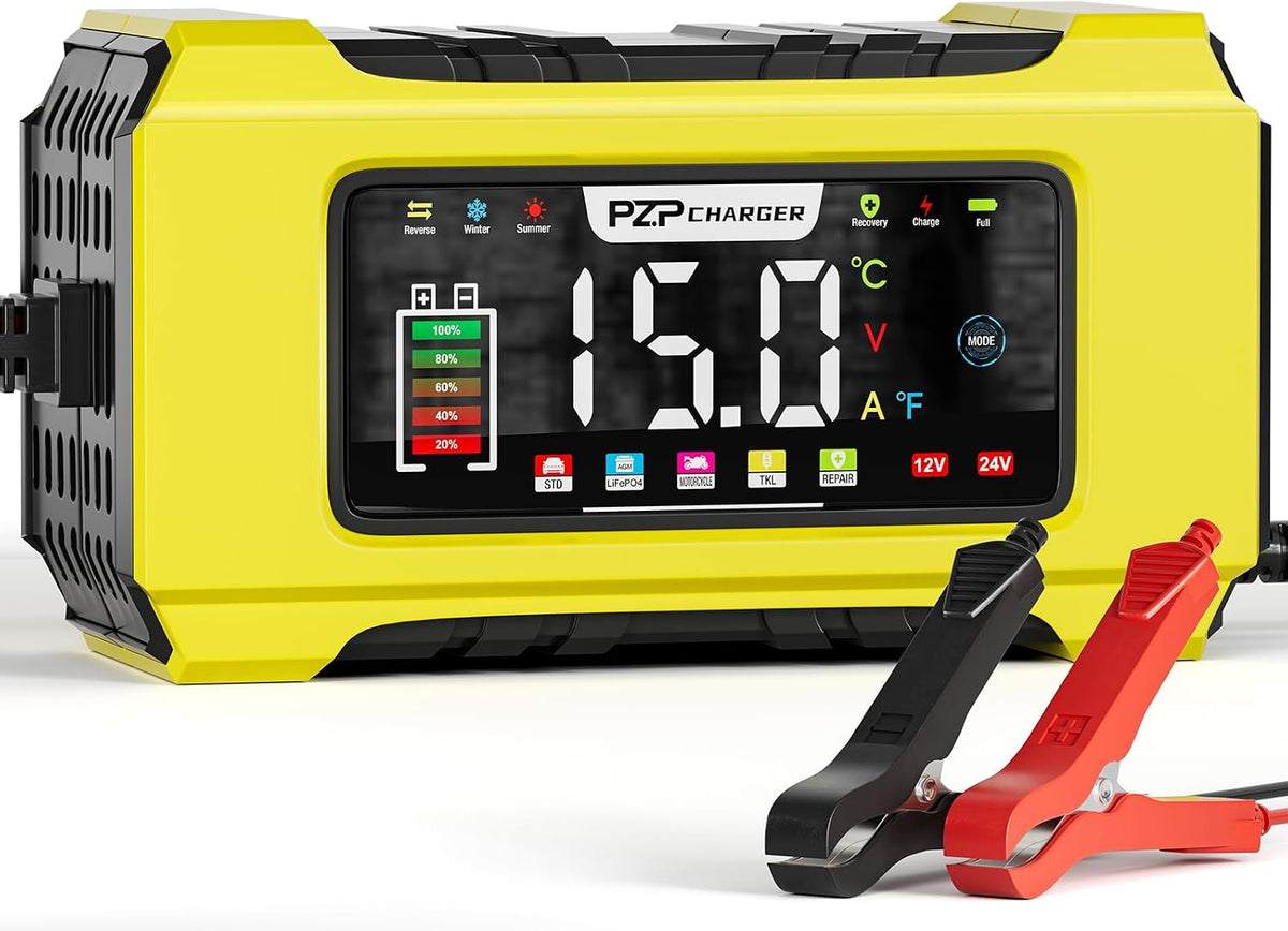 PZ.P 15-Amp 12V/24V Smart Battery Charger, Maintainer & Trickle Charger for LiFePO4, Lead Acid Batteries - Fully Automatic 9-Stage Charging w/Temp Compensation for Motorcycle Car Truck Lawnmower Boat
