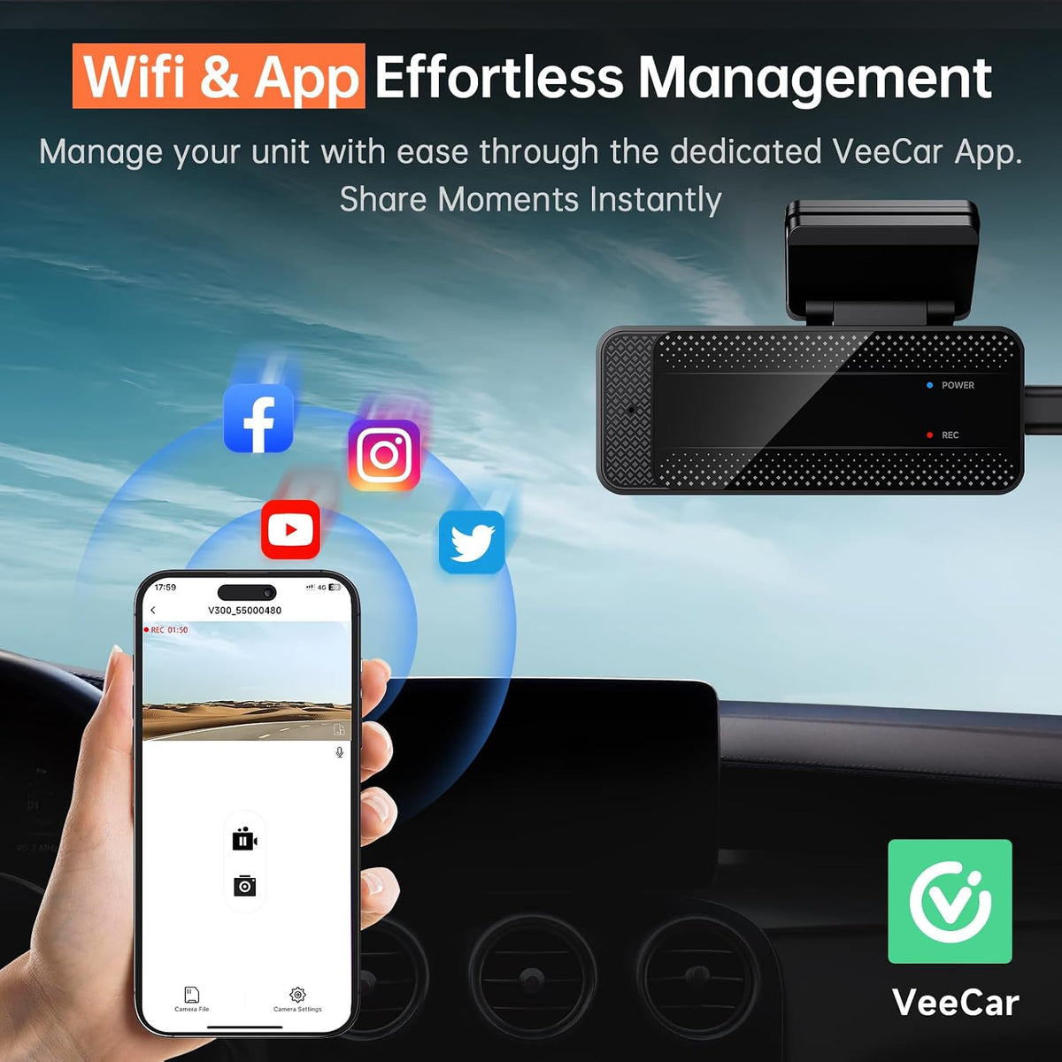Veement 1296P Dash Cam Front, WiFi Dash Camera for Cars with App