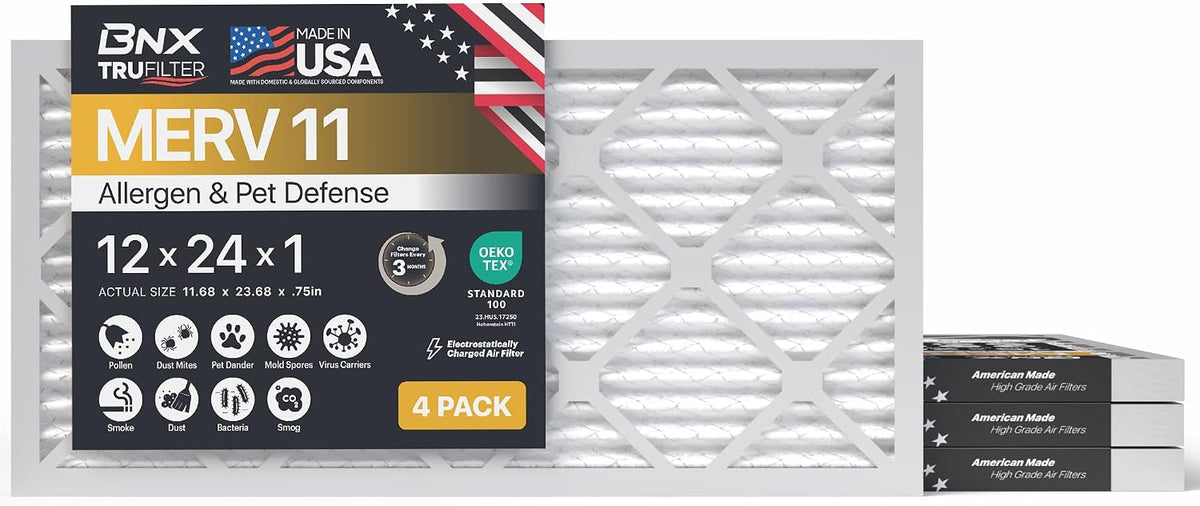BNX TruFilter 20x20x1 Air Filter MERV 11 (6-Pack) - MADE IN USA - Allergen Defense Electrostatic Pleated Air Conditioner HVAC AC Furnace Filters for Allergies, Dust, Pet, Smoke, Allergy MPR 1200 FPR 7