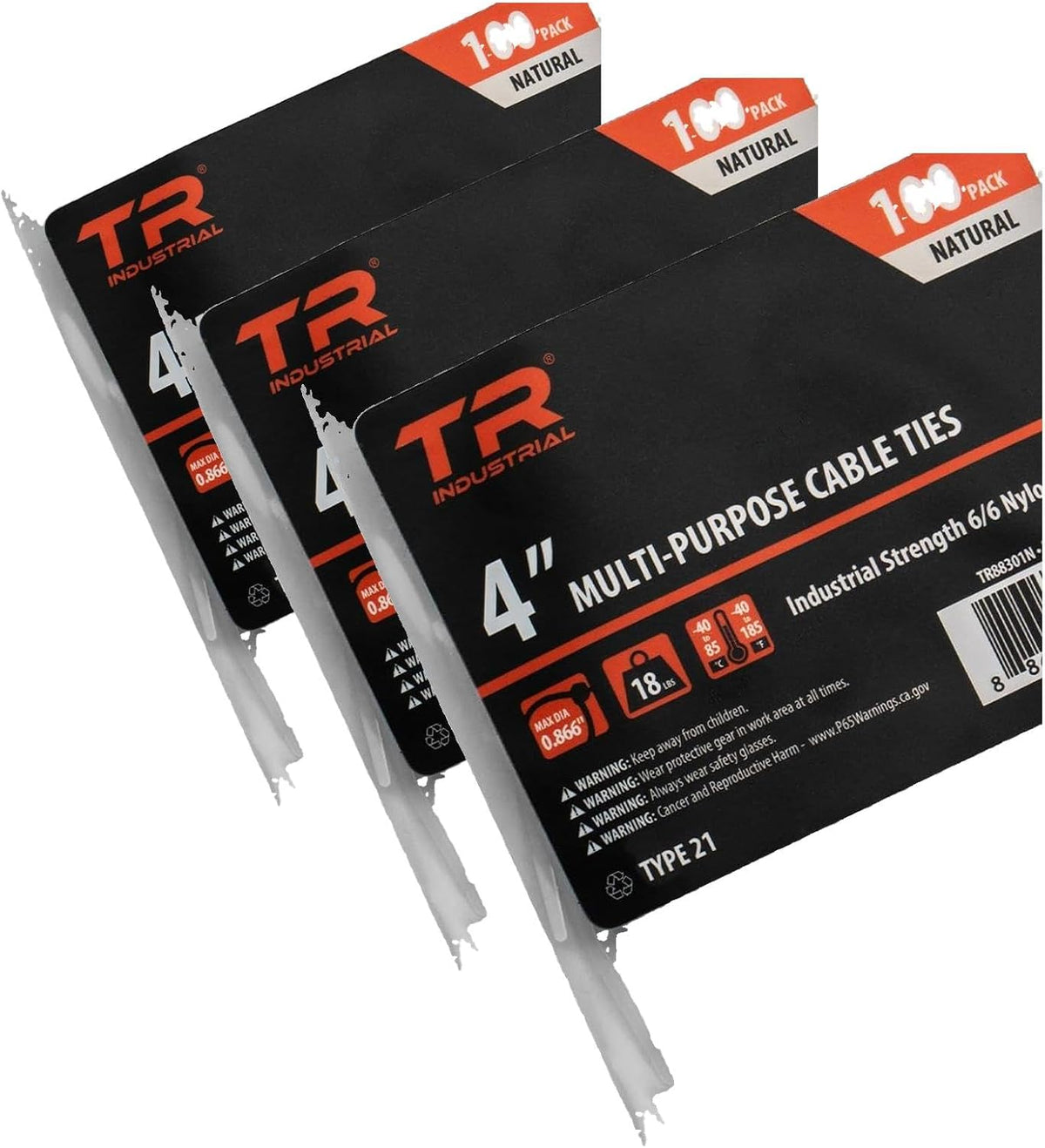 TR Industrial Multi-Purpose UV Resistant Black Cable Ties, 8 inches, 100 Pack