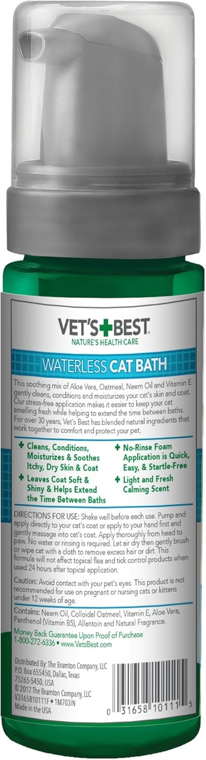 Vet's Best Waterless Cat Bath Dry Shampoo, No-Rinse Formula, 4 oz