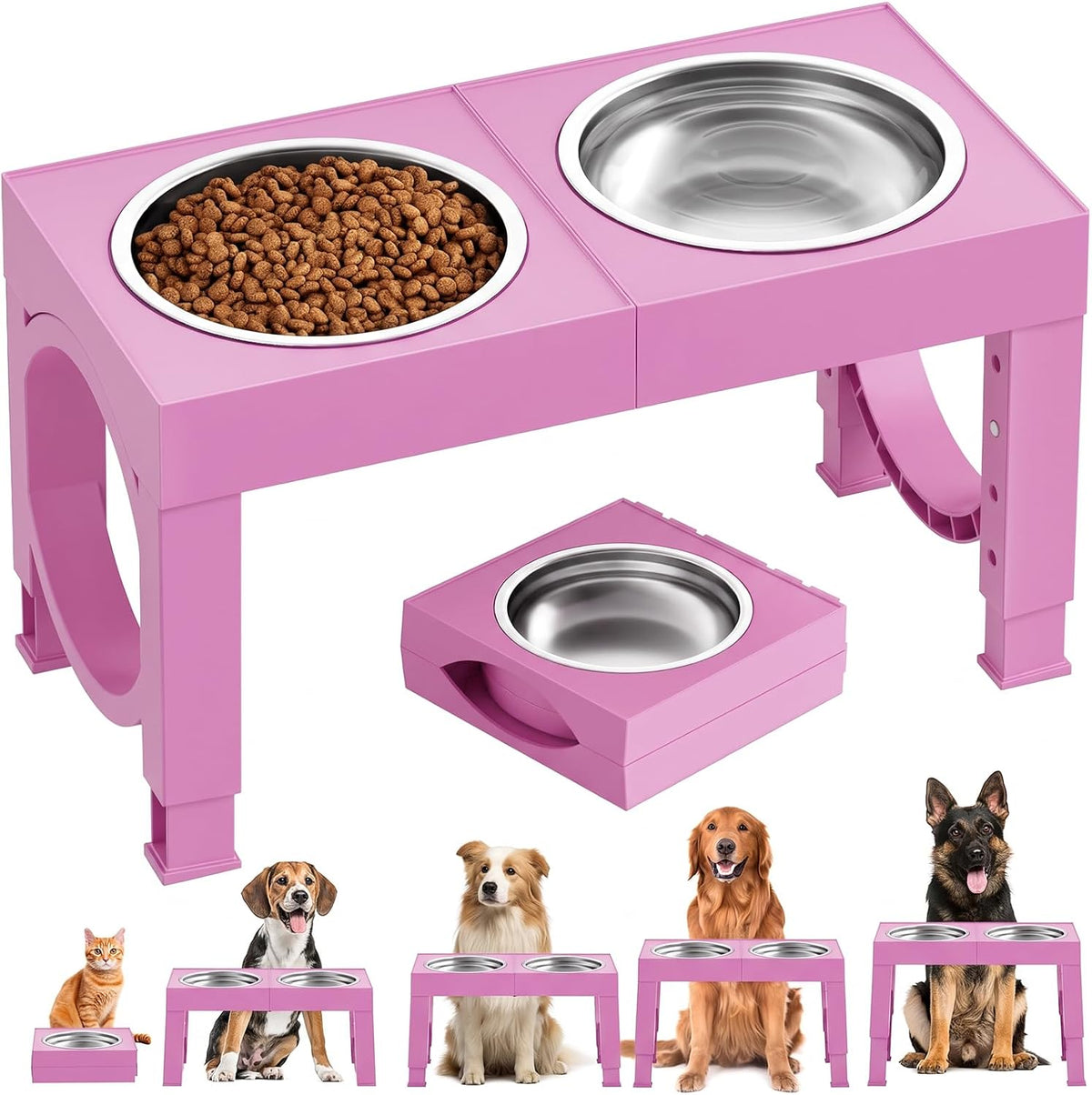 XIAZ Elevated Dog Bowls Large Breed Raised Dogs Bowl Stand Large/Medium Sized Dog Stainless Steel Food Water Bowl Stands 5 Heights Adjustable 9/11/12/14in Black Pet Feeder Dish Station