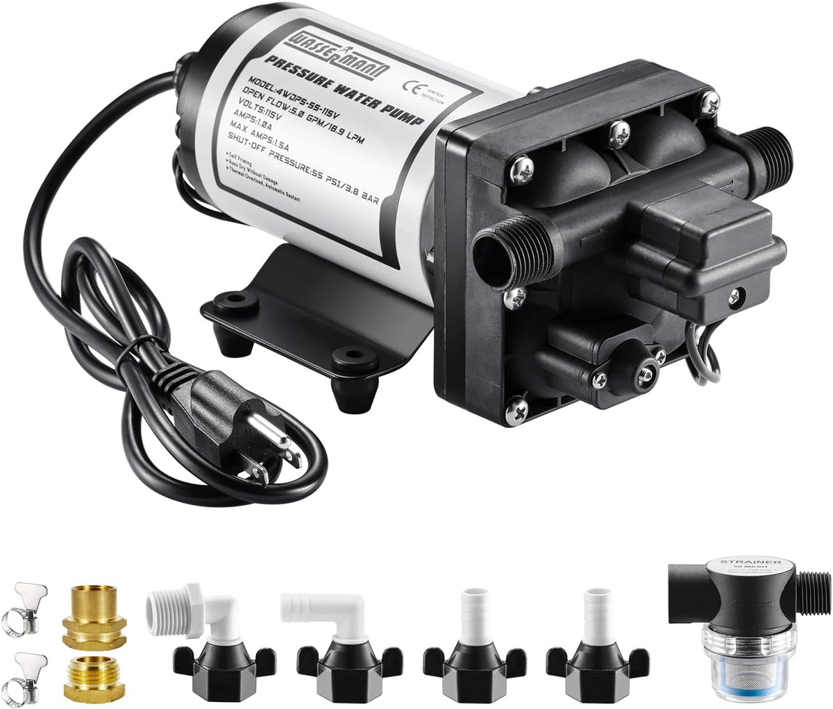 WASSERMANN RV Pump, 12V Self-priming RV Water Pressure Pump 4.0GPM 45PSI with Pressure Switch, for RV Marine Camping Yacht Garden, 12Volt DC Fresh Water Pumps RV Water Pump 2088-554-144 Replacement