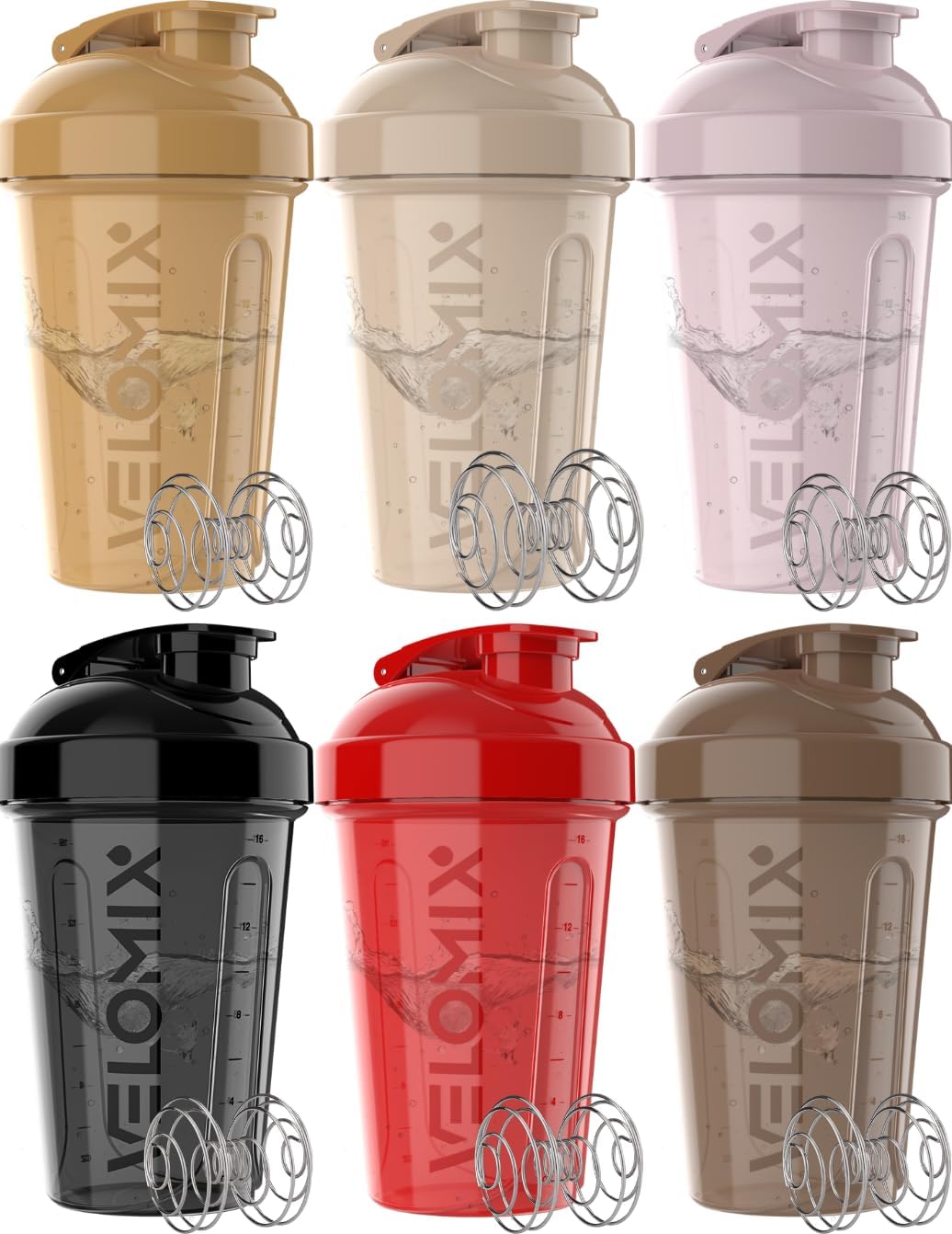 VELOMIX 6 Pack 20oz Shaker Cups for Protein Shakes, Pastel Shades