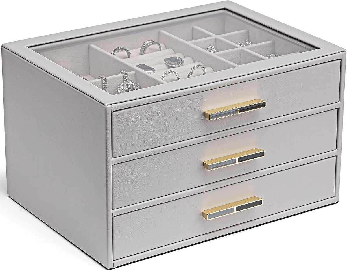 VLANDO Jewelry Box Organizer, 3-Layer Storage Drawers, Glass Window, Modern