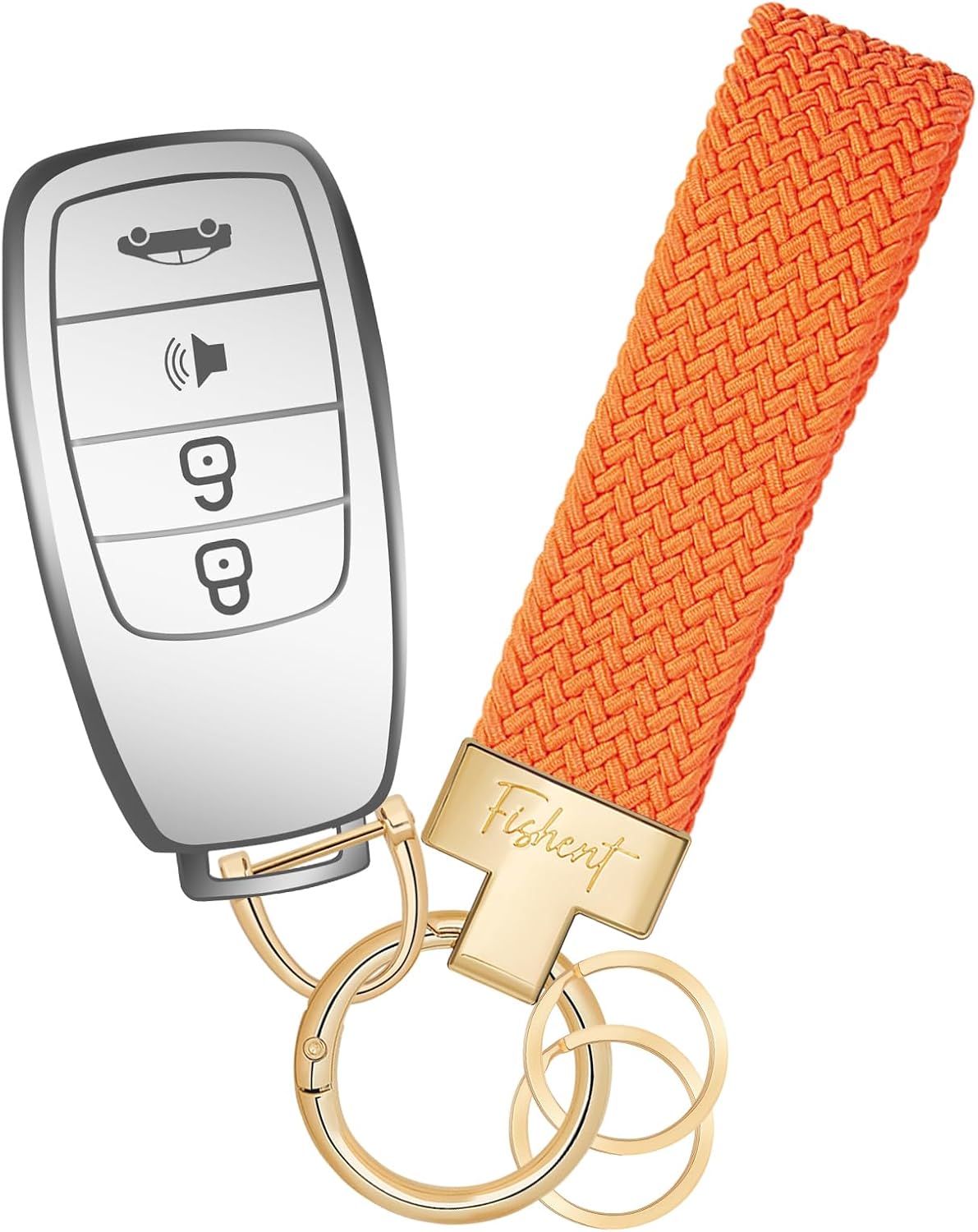 Fishent Stretchy Car Keychain, Nylon Braided Cool Key Chain for Women Men, Universal Key Fob Holder with 3 Keyrings, Anti-Lost D-Ring, Car Accessories, Starlight