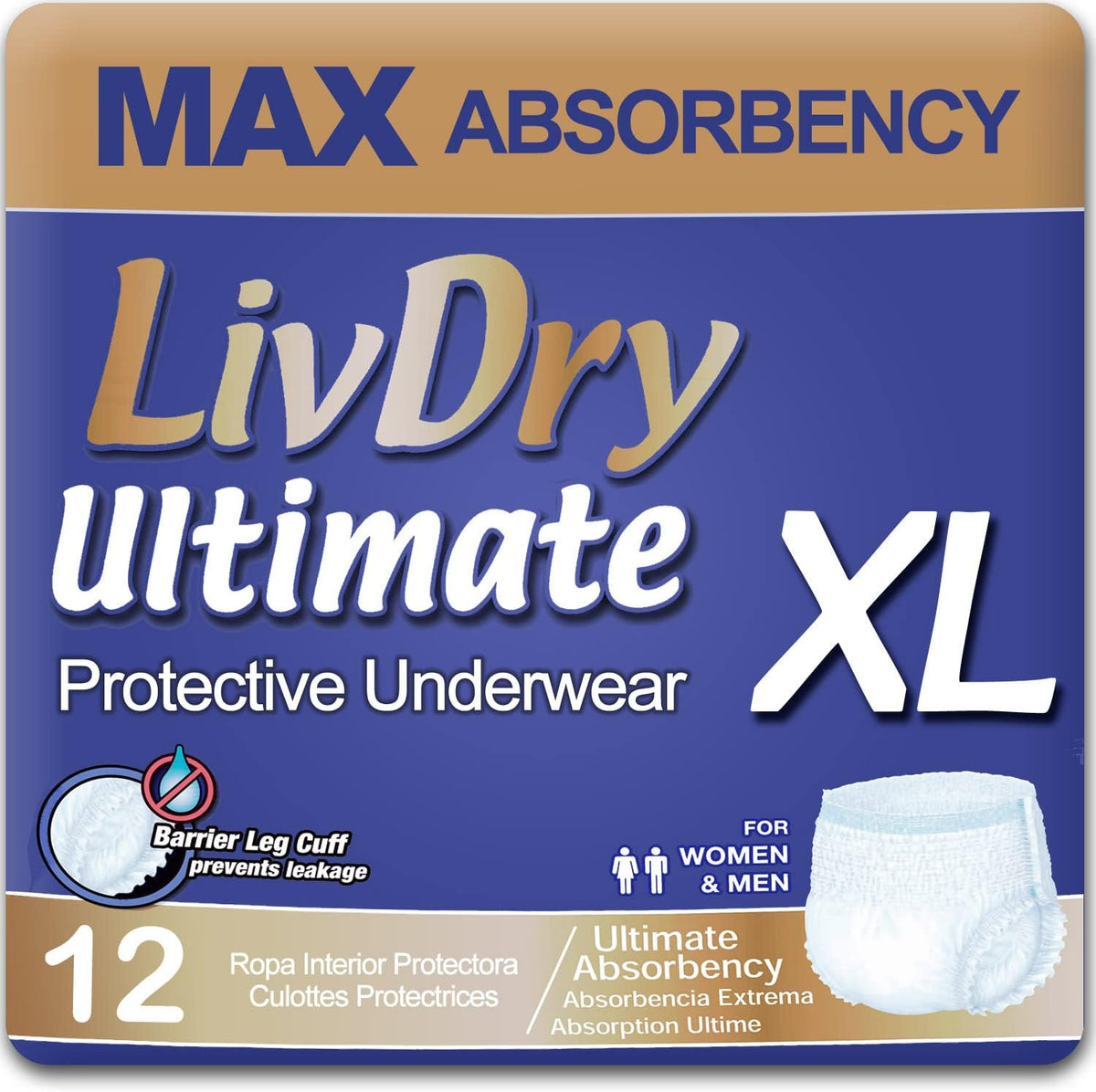 LivDry Ultimate Adult Incontinence Underwear, Max Absorbent Adult Diapers with Leak Protection, Medium, 68-Pack