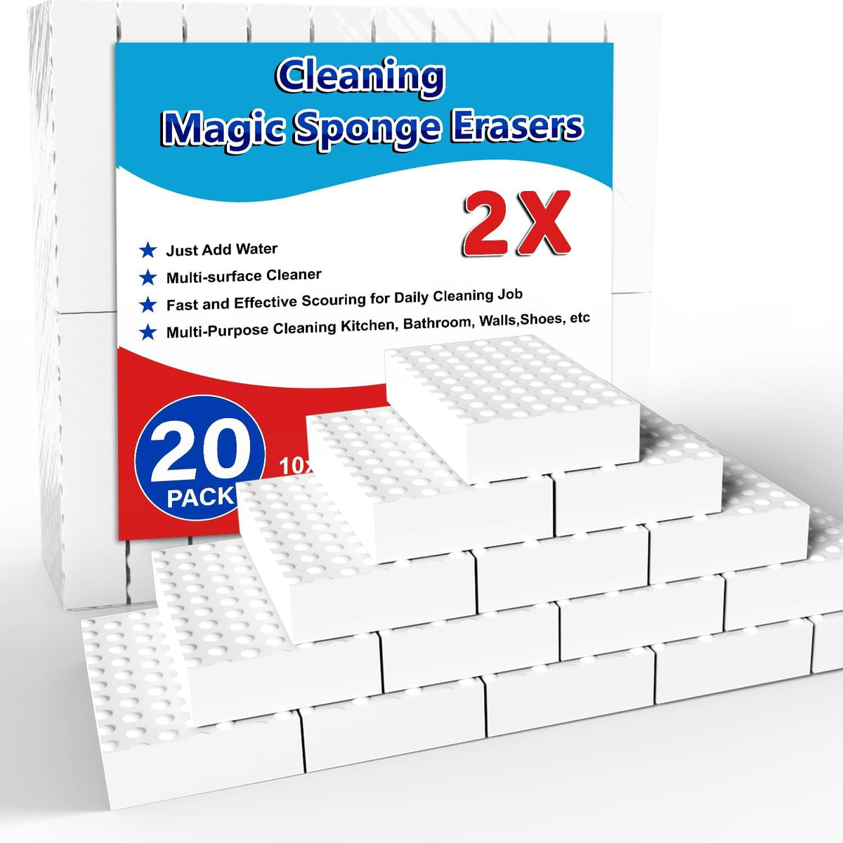 SmilinFit Magic Sponge Erasers, 20 Pack 2X Density Stronger Melamine Sponge Foam Pads, Multi-Functional Household Cleaning Supplies Cleaner for Kitchen, Bathroom, Bathtub, Sink, Wall Cleaner