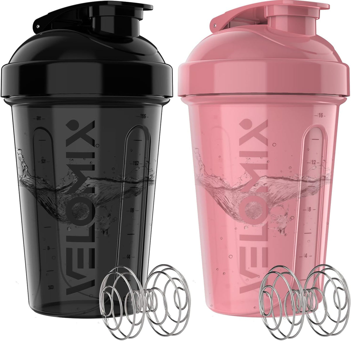 VELOMIX 2 Pack 20oz Protein Shaker Bottle for Protein Mixes, Black/Transpar