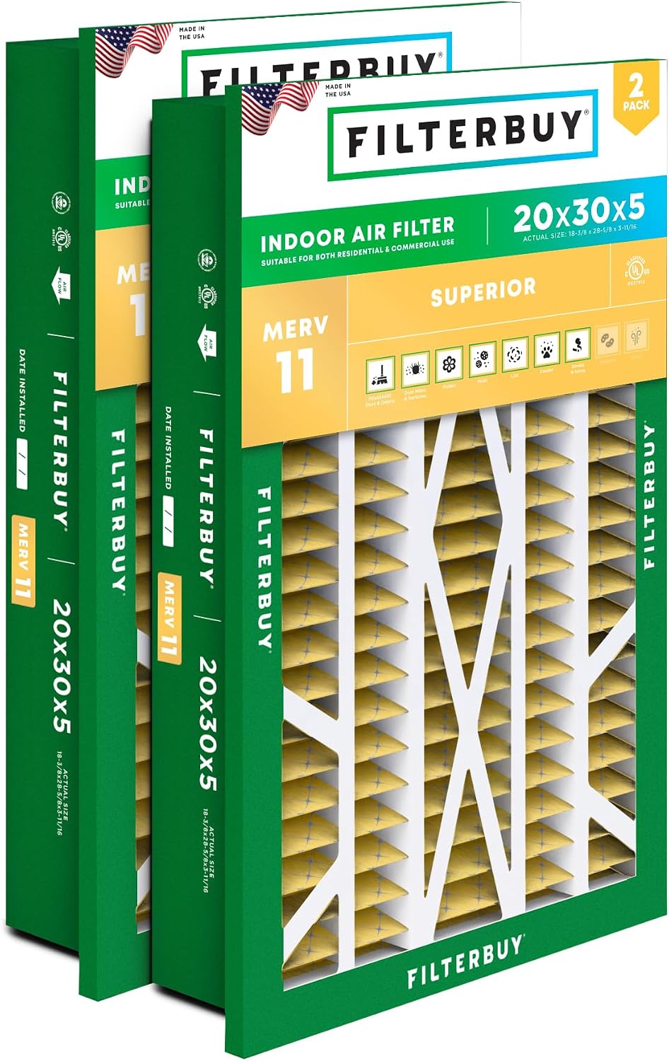 Filterbuy 20x25x5 Air Filter MERV 11 Pet & Allergy Defense (2-Pack)