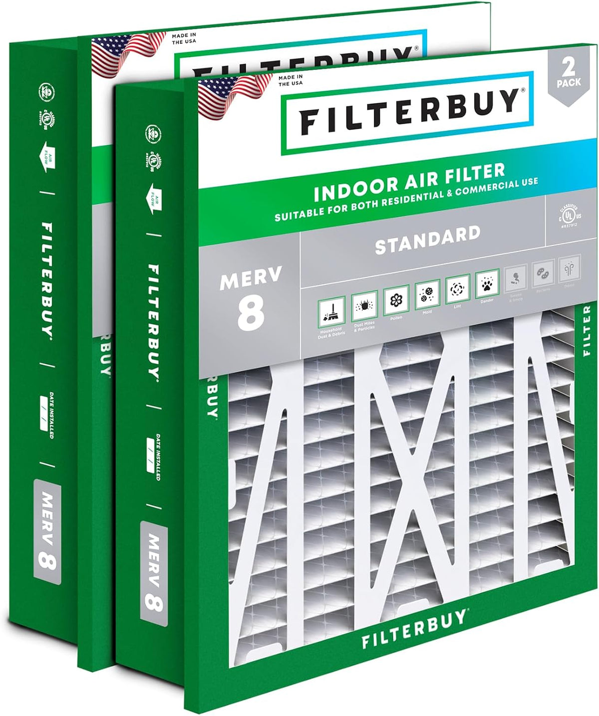 Filterbuy 20x25x5 Air Filter MERV 8 Dust & Allergy Defense (2-Pack)