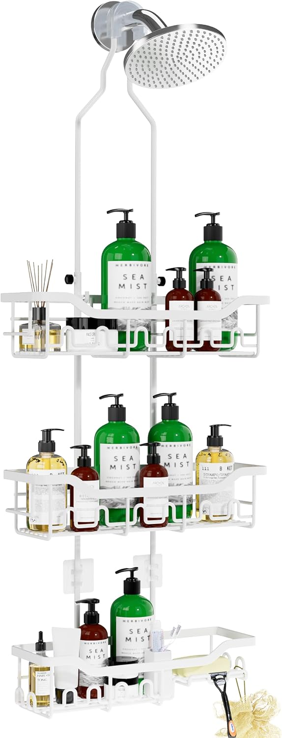 Upgraded Extended Length Shower Organizer with Hooks, Rustproof Shampoo Soap Holder, Large Hanging Bathroom Caddy