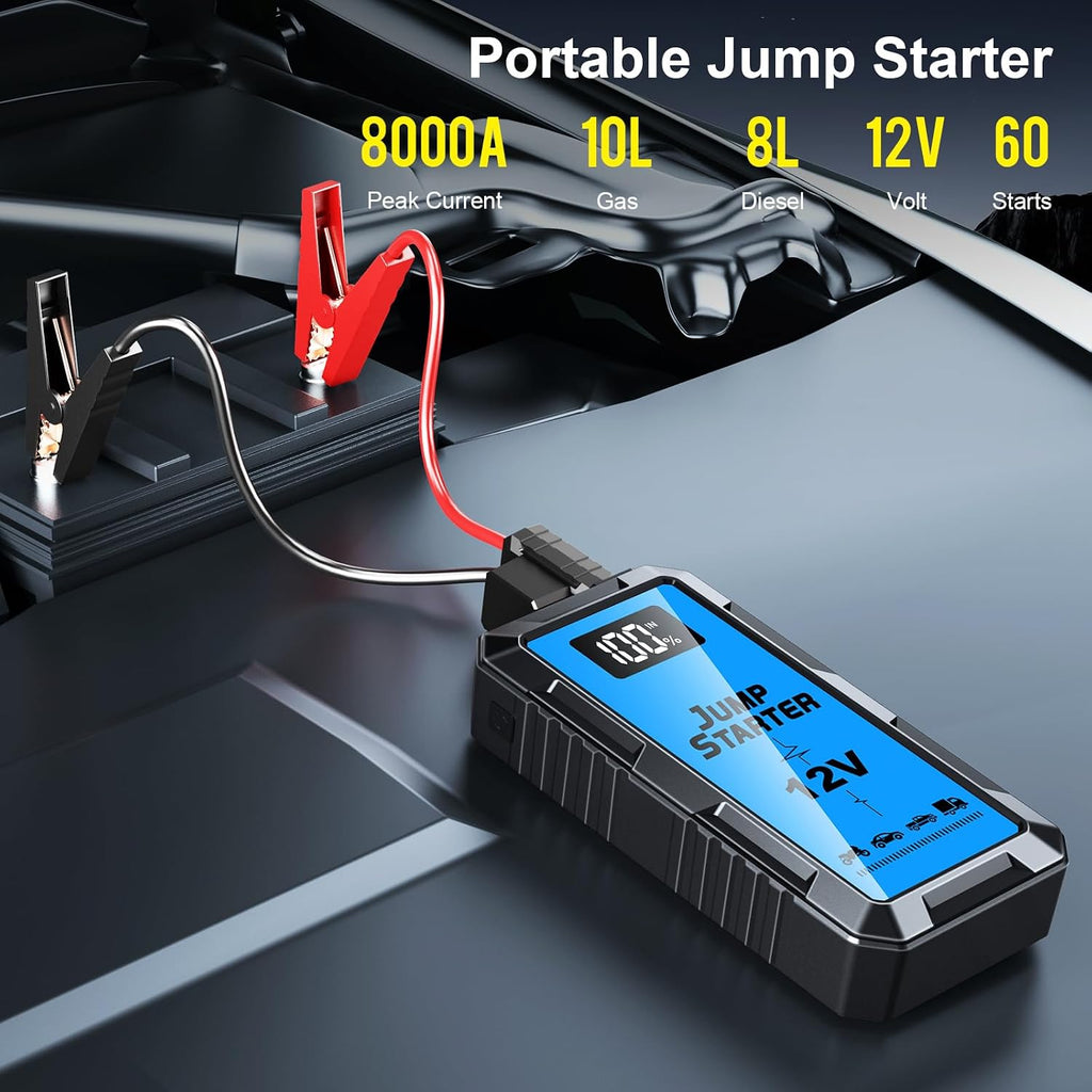 8000A Car Battery Jump Starter Box with Jumper Cables, 12V Car Jump Starter Portable (All Gas,up to 10.0L Diesel) Portable Lithium Jump Box Rechargeable, Reverse Polarity Protection