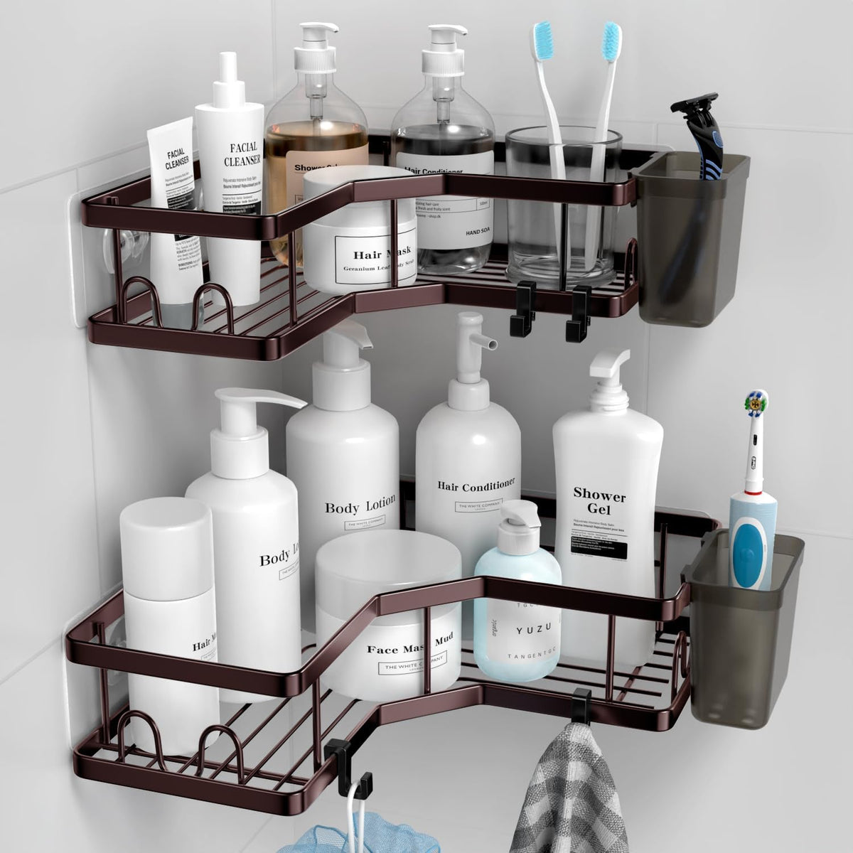 AKTECKE Corner Shower Caddy, 2 Pack Adhesive Shower Corner Organizer Shelves, No Drilling Stainless Steel Shower Storage Rack with Hooks&Toothpaste Holder for Bathroom Kitchen （for 90° Corners Only）