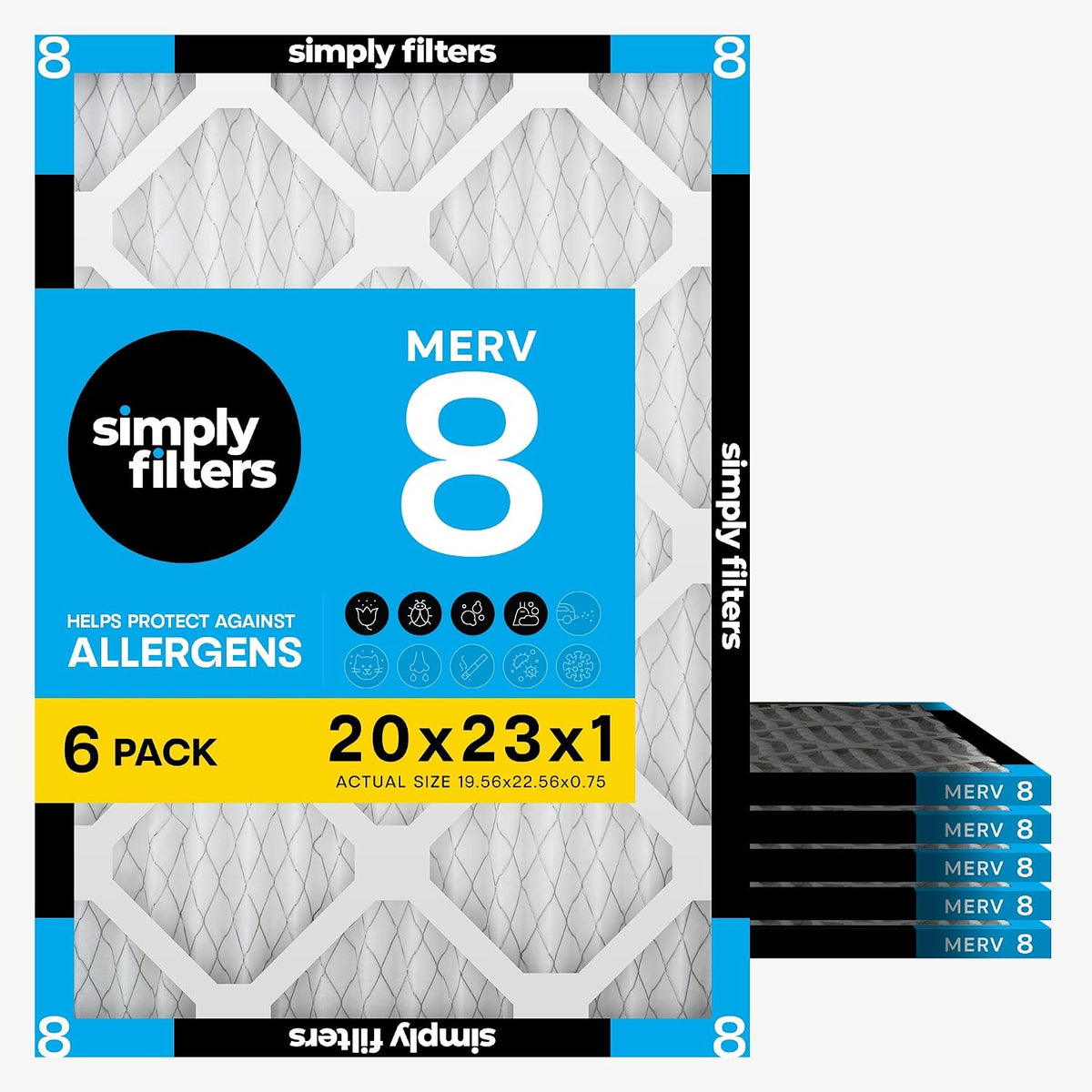 Simply 20x20x1 Air Filter, Merv 8, MPR 600, 6 Pack, Furnace Air Filter for HVAC (Actual Size: 19.75"x19.75"x0.75") DUST, Pet, & Allergy Control
