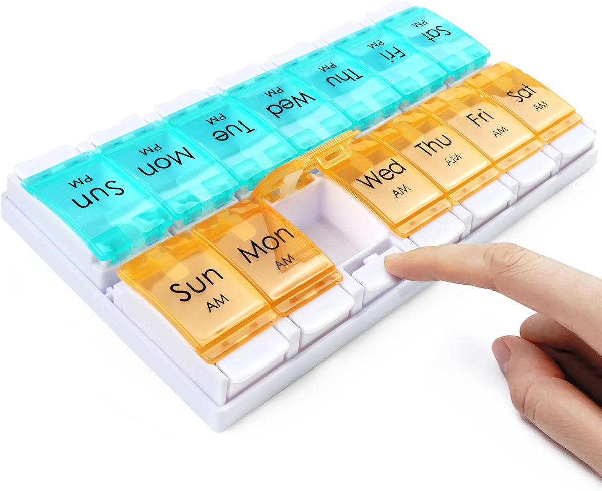 MOLN HYMY Large Pill Organizer 2 Times a Day, AM PM Pill Box 7 Day, 14 Dividers 2 Week Medicine Pill Organizer with Easy Push Button for Medication, Vitamins, Fish Oils, Supplements