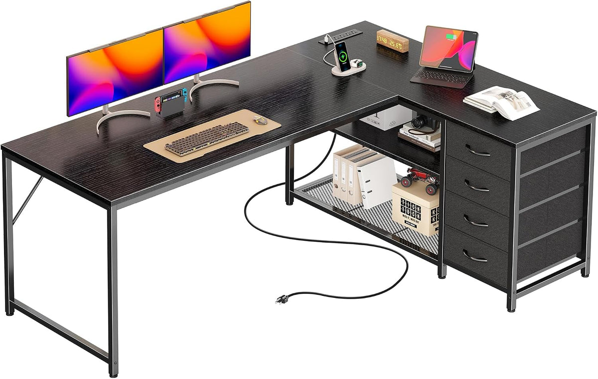PRAISUN 61" L Shaped Desk with Power Outlets & 4 Drawers
