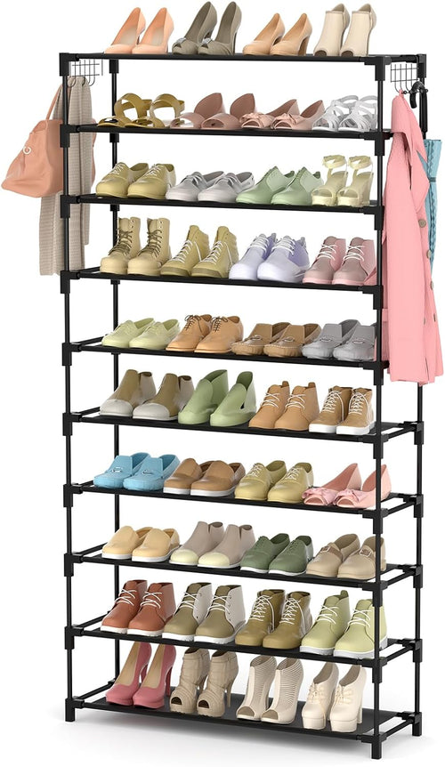 LANTEFUL 10 Tiers Shoe Rack Large Capacity Tall Shoe Organizer Sturdy Shoe Storage with Two Hooks Space Saving Metal Wide Shoe Rack for Closet, Entryway, Bedroom, Black