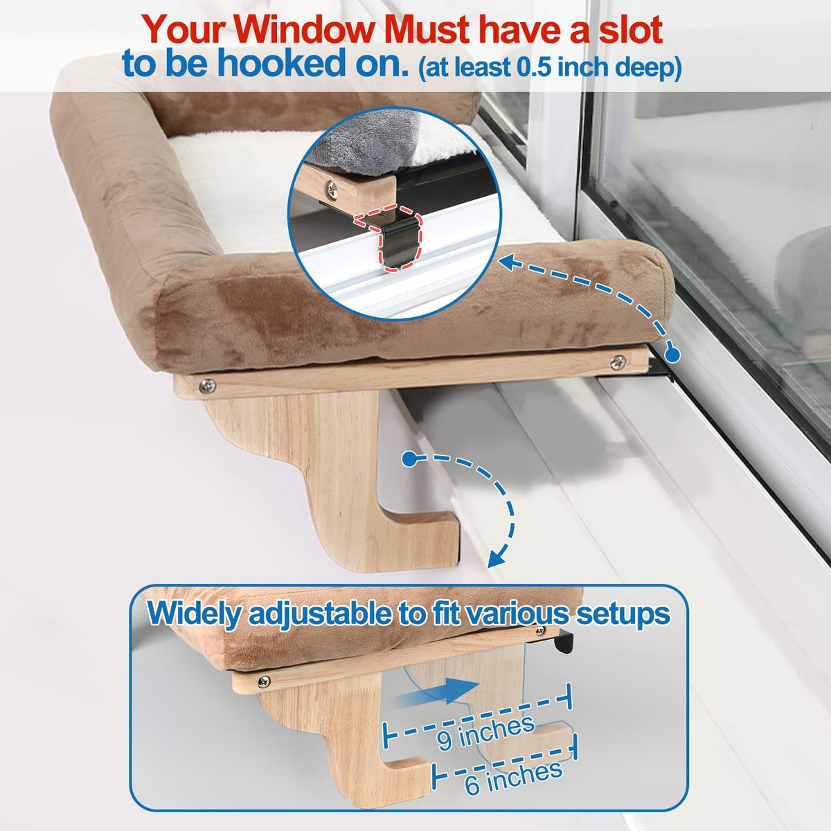 Zakkart Cat Perch for Windowsill with Bolsters (Natural Wood/Gray, L)