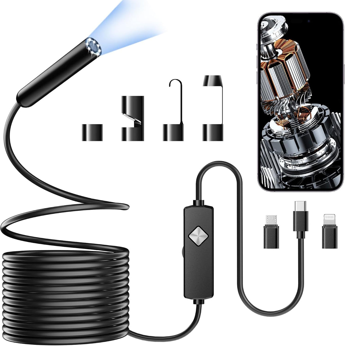 Endoscope with Light, 1920P HD Borescope with 8 Adjustable LED Lights, Semi-Rigid Snake Camera, IP67 Waterproof Inspection Tool (16.4ft, Black + Dual Lens Wiring Harness)