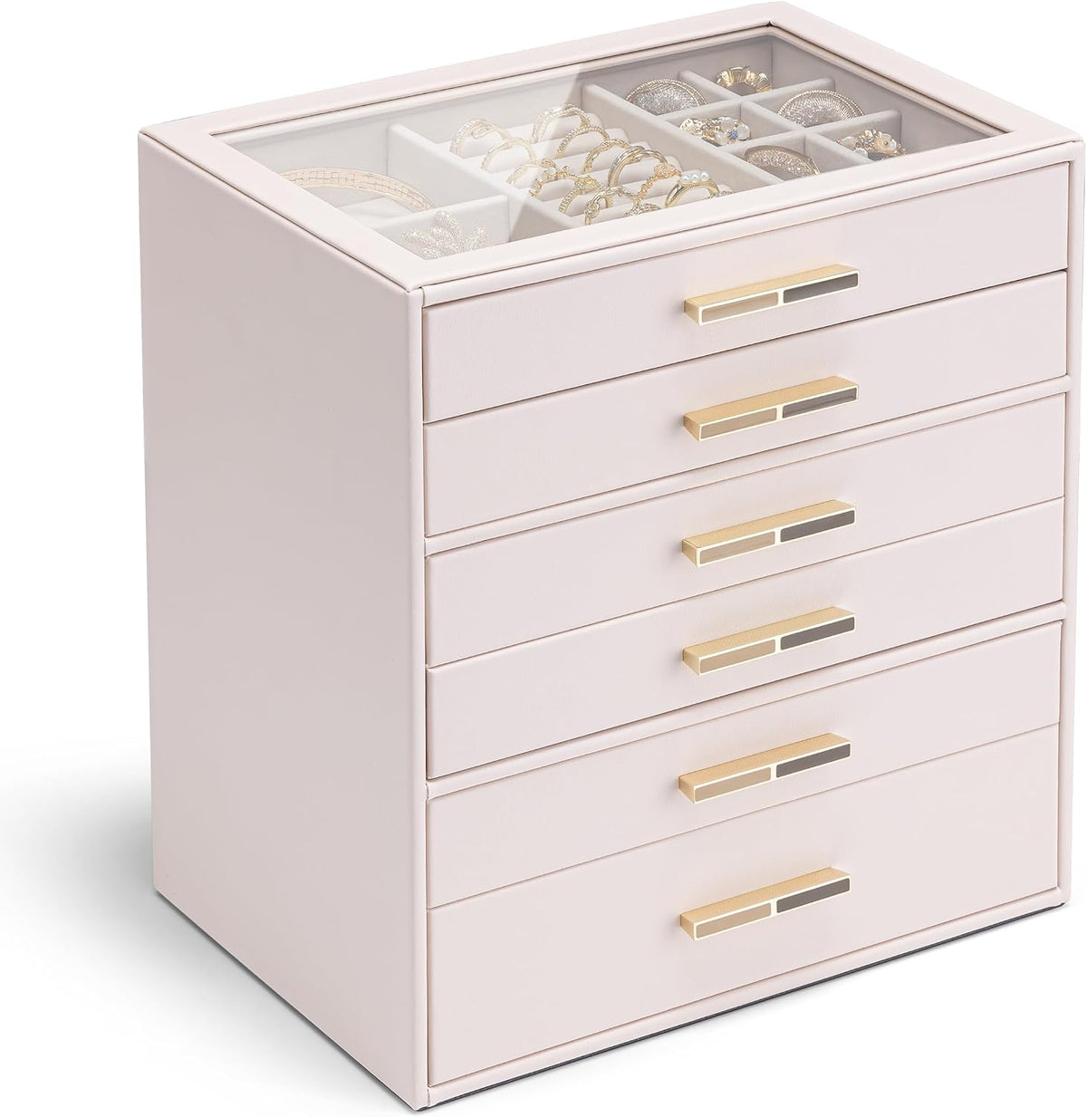 VLANDO Jewelry Box Organizer, 3-Layer Storage Drawers, Glass Window, Modern