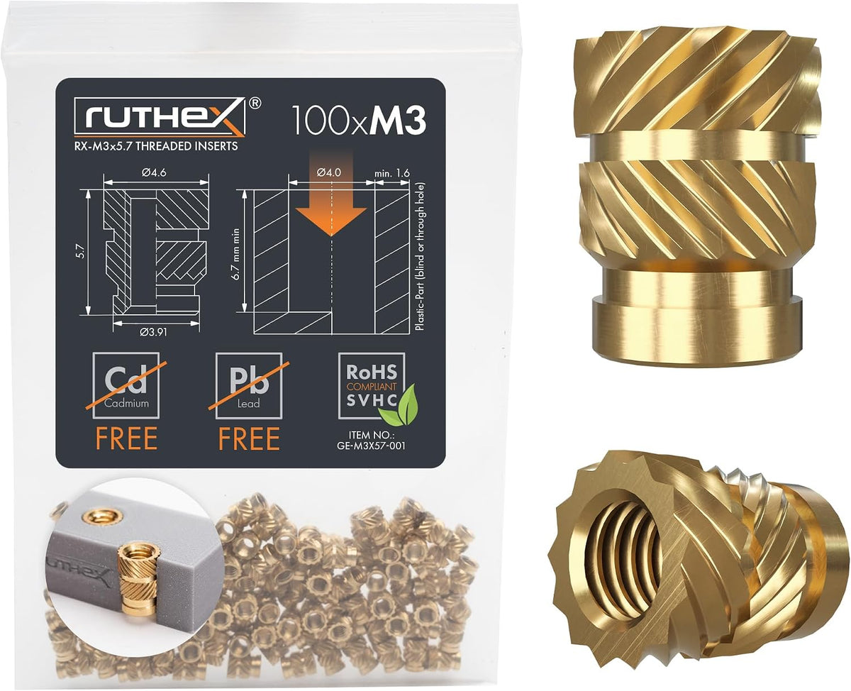 ruthex M3 Threaded Inserts - 100 Pieces RX-M3x5.7 Brass Heat Set Insert for Plastic Parts - Metric knurled Nuts - Insert by Heat into 3D Printing Components