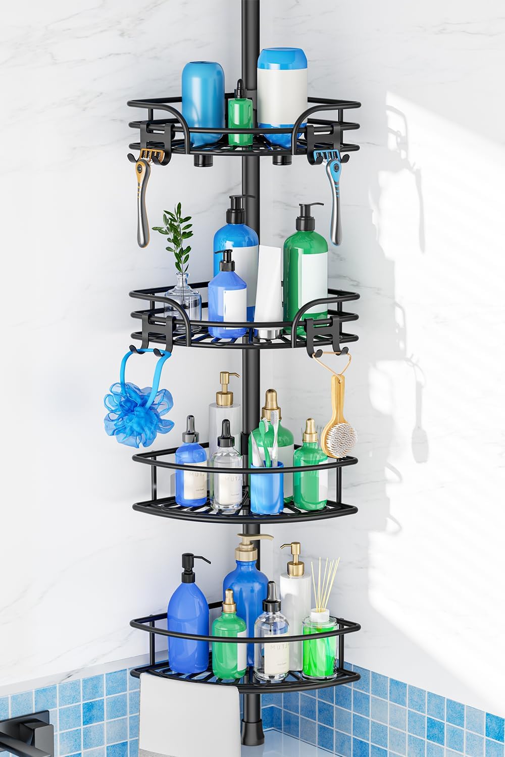 HAMITOR Corner Shower Caddy Tension Pole, Adjustable No-Drill Widen Shelves