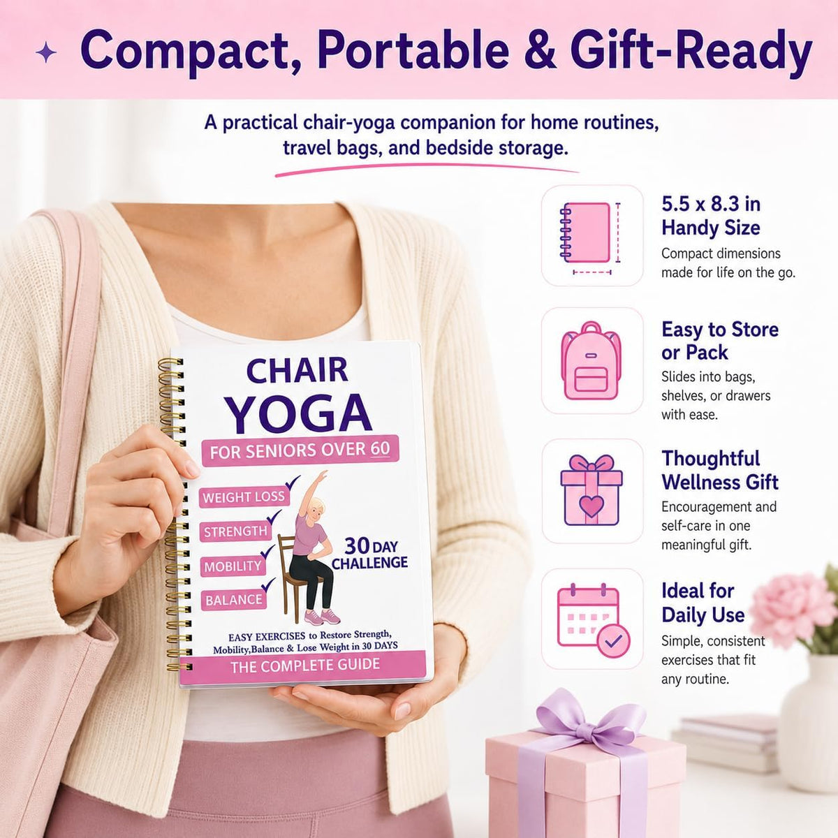 Chair Yoga For Seniors Over 60 Book & Chart,30-Day Beginner Challenge with 54-Page Spiral Bound Exercise Guide,Senior Fitness Planner for Weight Loss,Toning,Flexibility and Daily Workouts,Pink