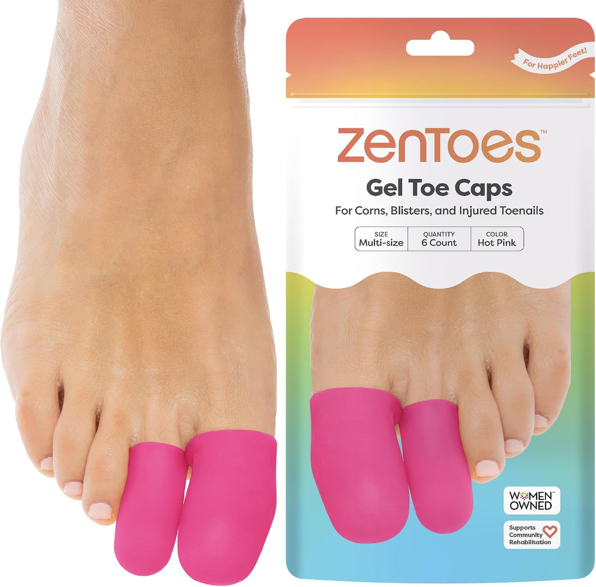 ZenToes Gel Toe Caps, Silicone Toe Protectors, 6-Pack (Large, Beige)