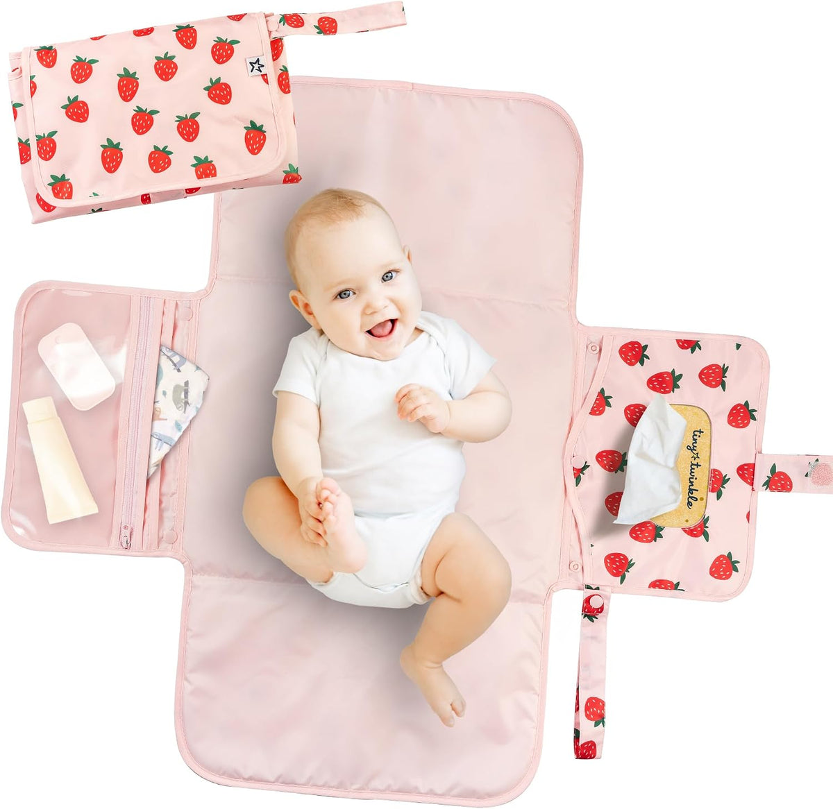 Tiny Twinkle Portable Diaper Changing Pad | Waterproof, Wipeable & Compact Baby Changing Pad for Travel | Smart Wipes Pocket & Organized Storage| Newborn Shower Gift (Sage Checkers)