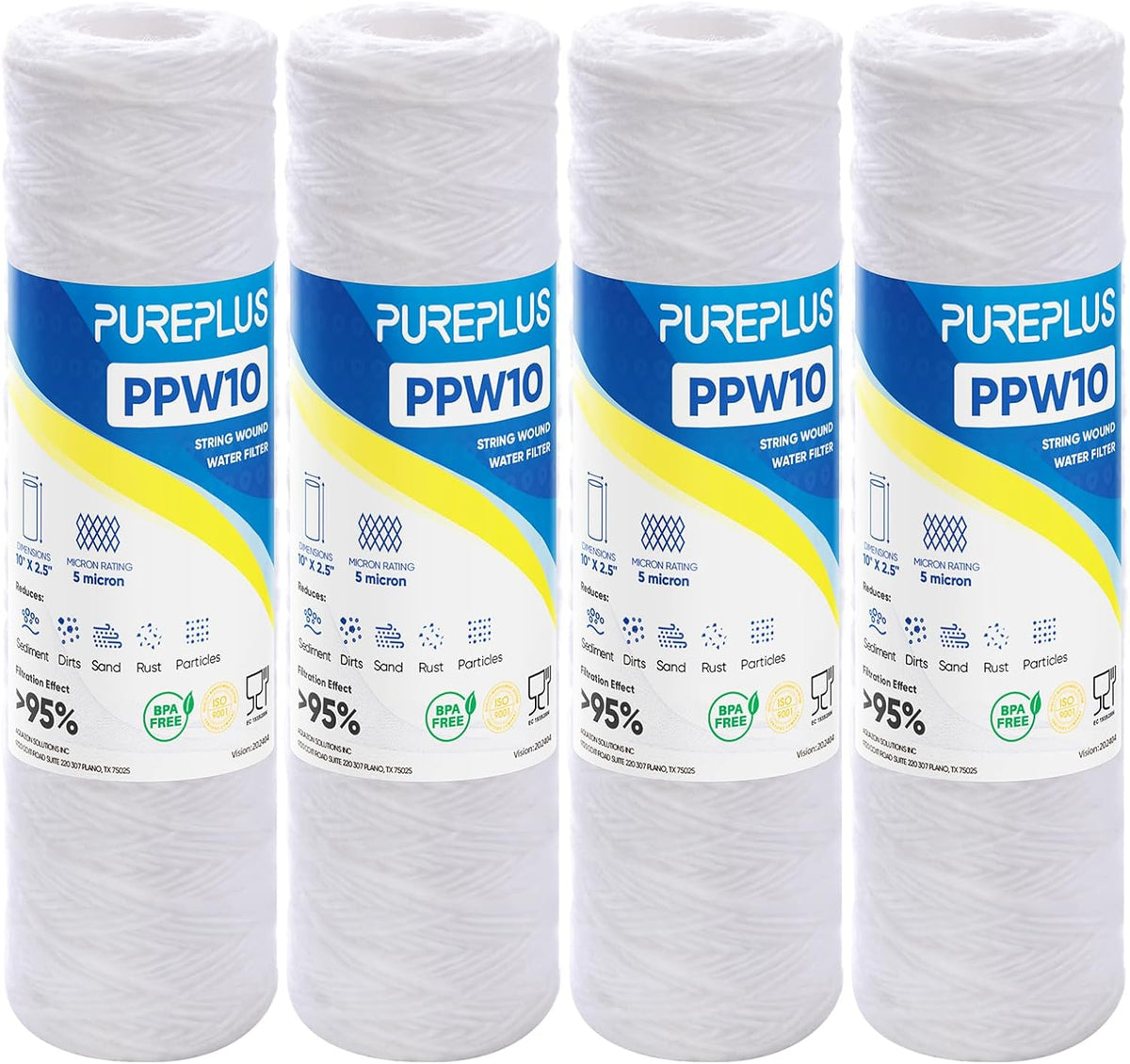 PUREPLUS 5 Micron 10"x2.5" Whole House String Wound Sediment Filter for Well Water, Replacement Cartridge for Universal 10 inch RO System, WP-5, Aqua-Pure AP110, CFS110, Culligan P5, WFPFC4002, 4Pack