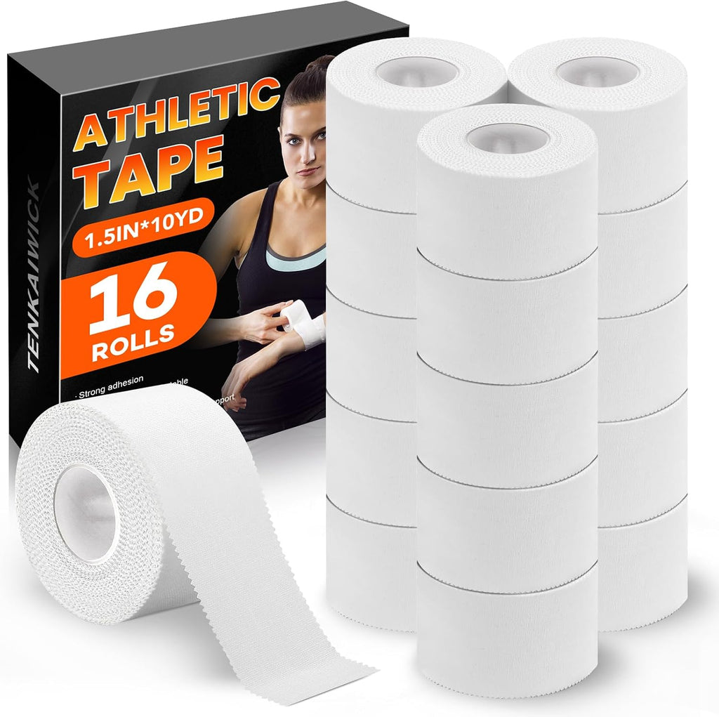 TENKAIWICK White Athletic Tape 16Pk, 1.5"x160Yds, Ankle/Wrist Support, for Soccer/Football