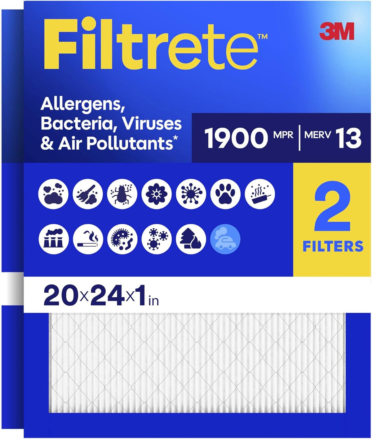Filtrete 16x25x1 Air Filter, MERV 13 MPR 1900, Allergens, Bacteria, Viruses & Air Pollutants, 3-Month AC/Furnace Filters, Cleaner Air Reliable Airflow, 2 HVAC Filters(Act Size 15.62x24.62x0.78 in)