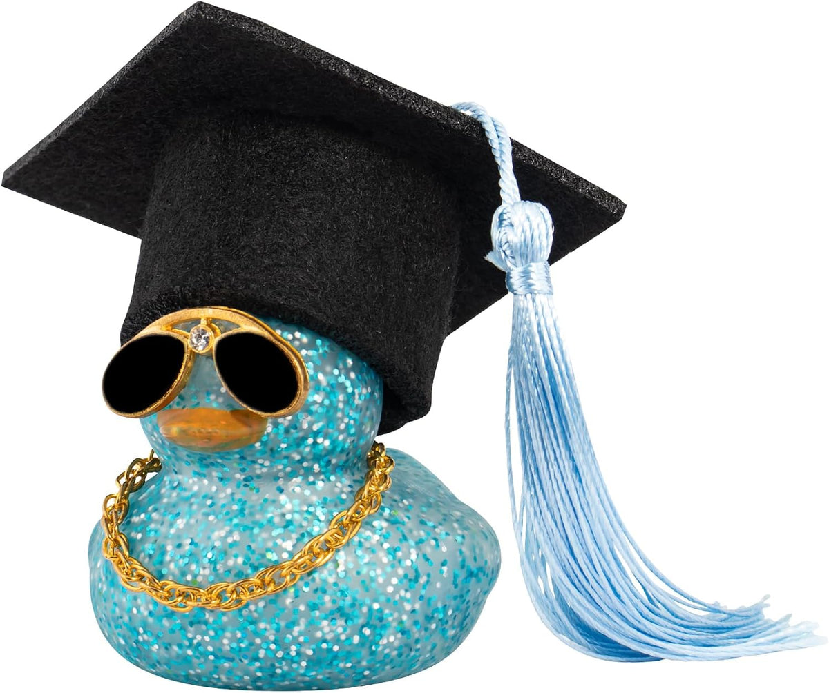 wonuu Car Dashboard Decor Graduation Hat Color Rubber Duck, Car Ducks Ornaments with Mini Graduation Hat Necklace Sunglasses (Gold)