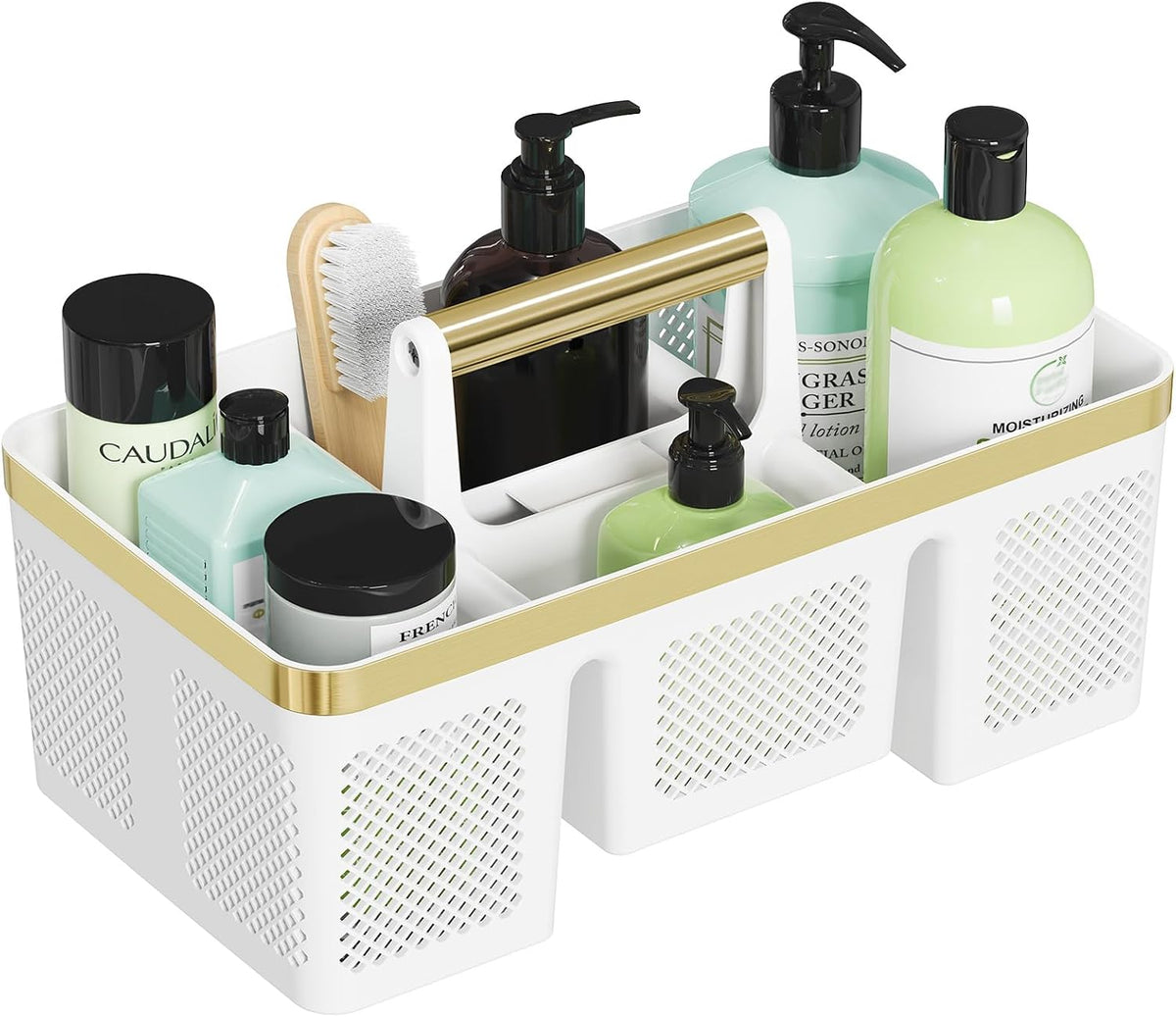 BYUNER Plastic Shower Caddy Dorm: Portable Cleaning & Shower Caddy with Handle, 4 Divided Compartments, All-Side Drainage, Rigid Plastic Basket Tote for College Dorm & Bathroom Use, Black/Silver