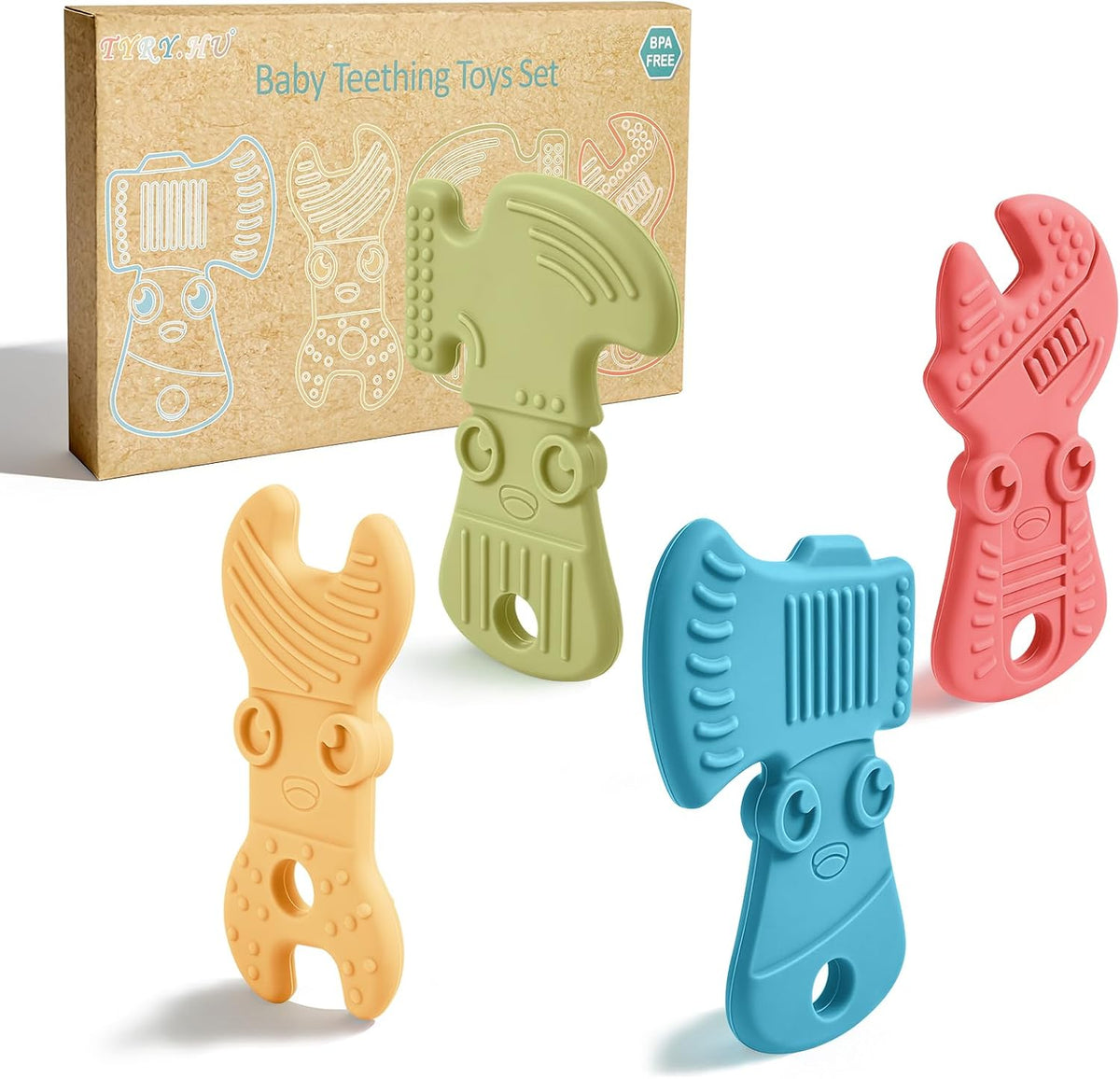 TYRY.HU Baby Teething Toys for Babies 0-6 Months 6-12 Months, BPA Free Silicone Baby Molar Teether Chew Toys, Hammer Wrench Spanner Pliers for Boys Girls, Soft-Textured, Easy to Hold & Clean, 4 Packs