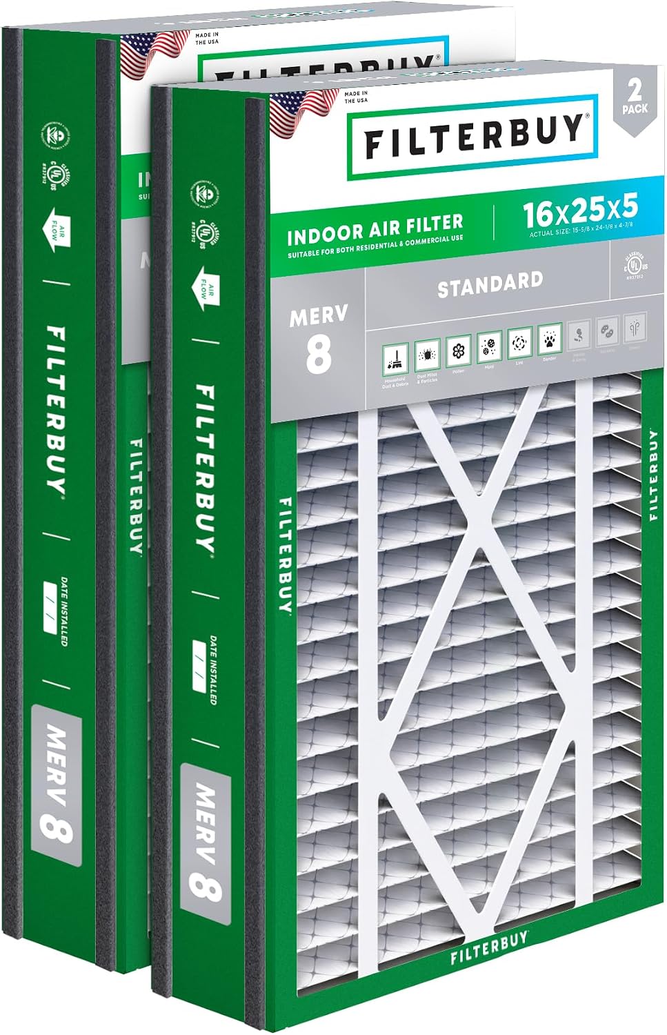Filterbuy 20x25x5 Air Filter MERV 8 Dust & Allergy Defense (2-Pack)