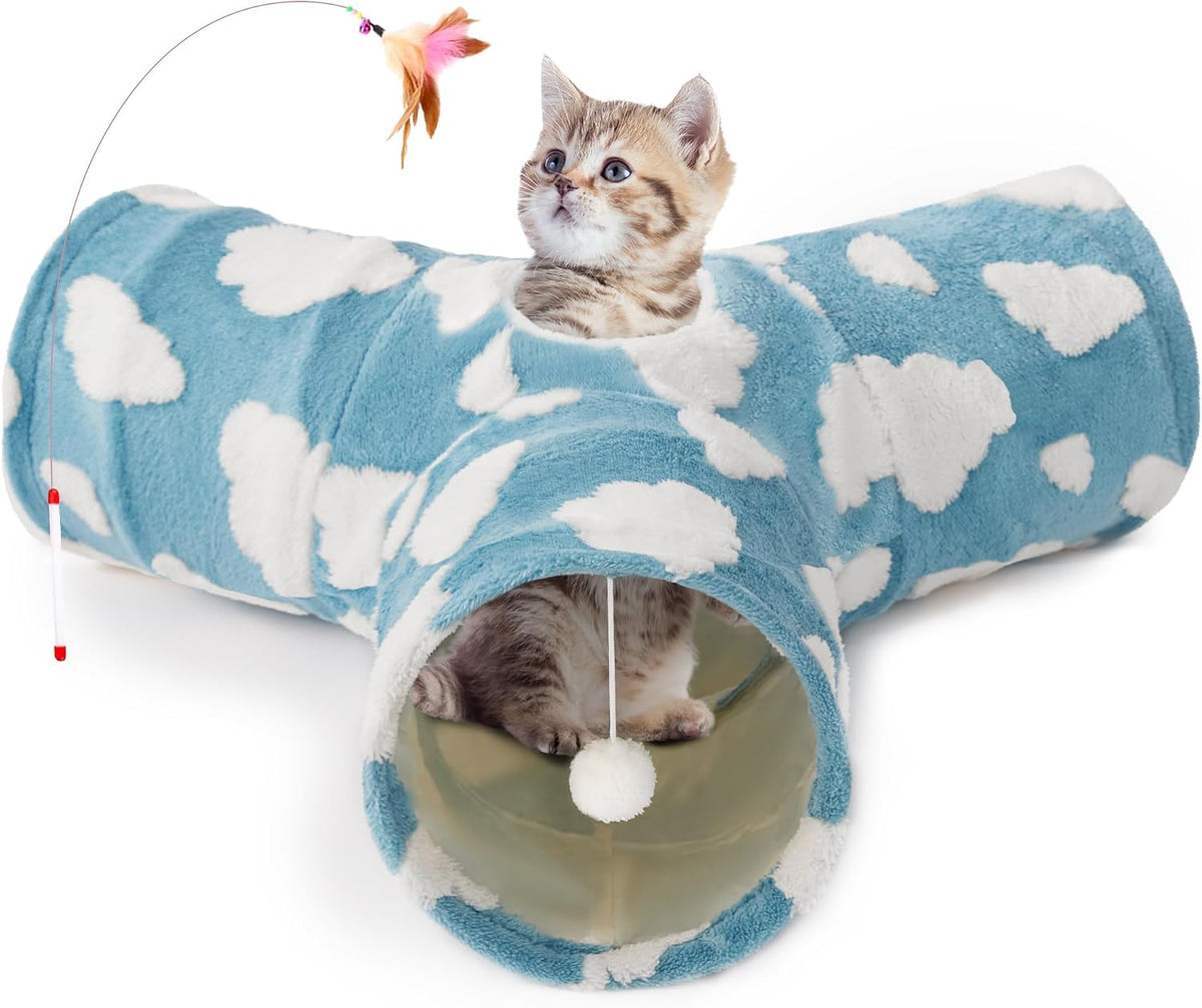 Tempcore Cat Tunnel, 3-Way Collapsible Toy for Indoor Cats, Black & Blue