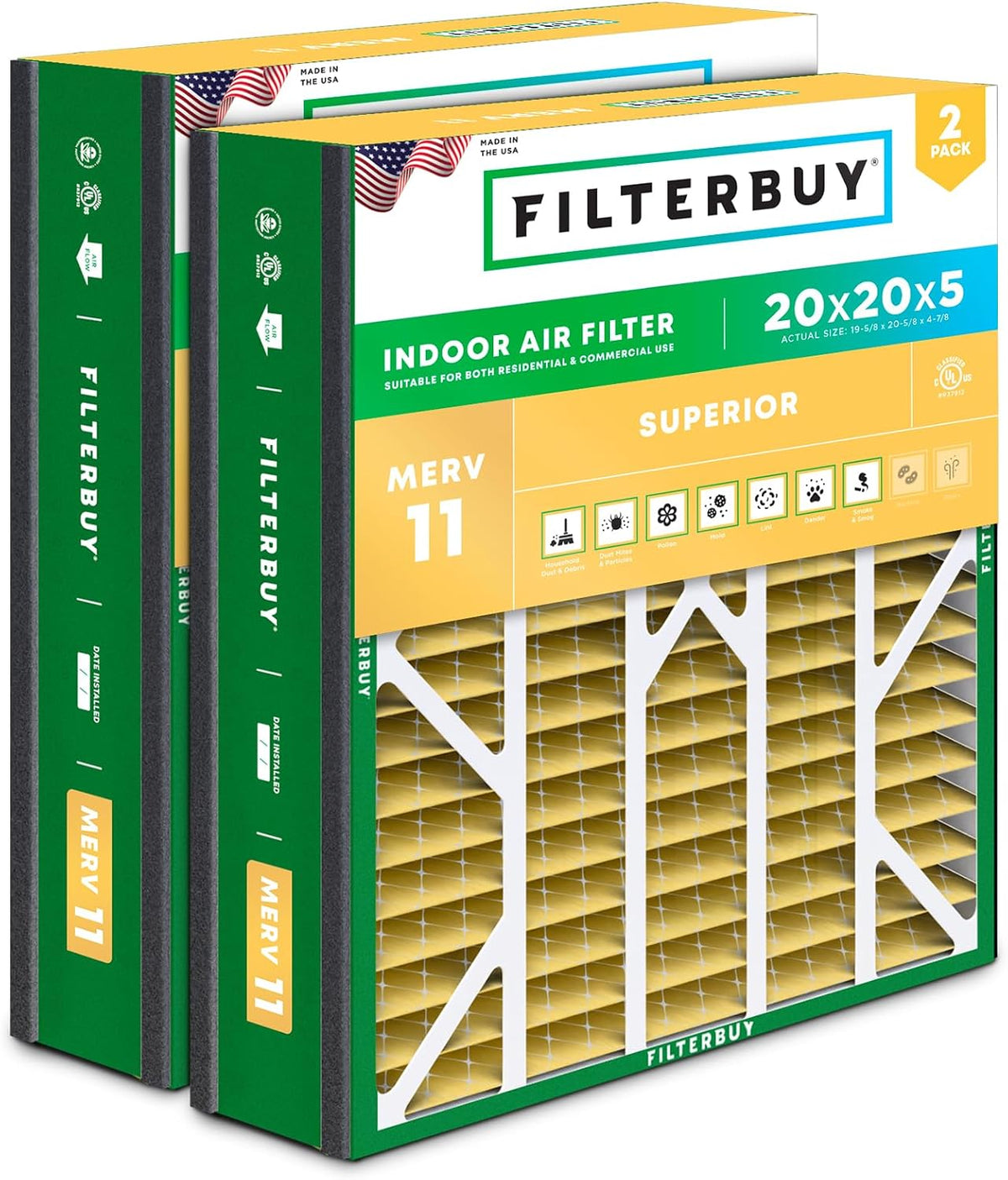 Filterbuy 20x25x5 Air Filter MERV 11 Pet & Allergy Defense (2-Pack)