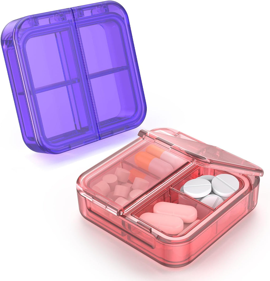 Small Pill Box,4 Compartments Travel Pill Case, Portable Pill Organizer,Mini Pill Container for Pocket,Daily Compact Travel Medicine Holder for Vitamins Fish Oil and Supplement Storage(Pink+Purple)