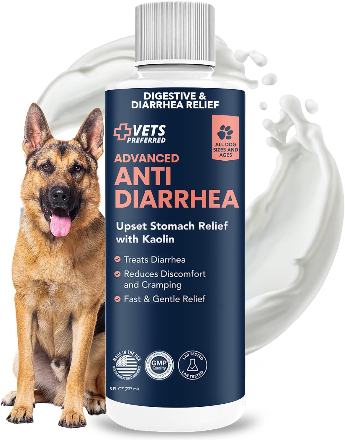 Vets Preferred Anti-Diarrhea & Gas Relief for Dogs – Kaolin Formula to Soothe Upset Stomach & Support Digestive Health – All Breed & Size Dogs – 8 fl oz Liquid – Made in USA | Natural alternative to dog diarrhea medication, soothes upset stomach, supports