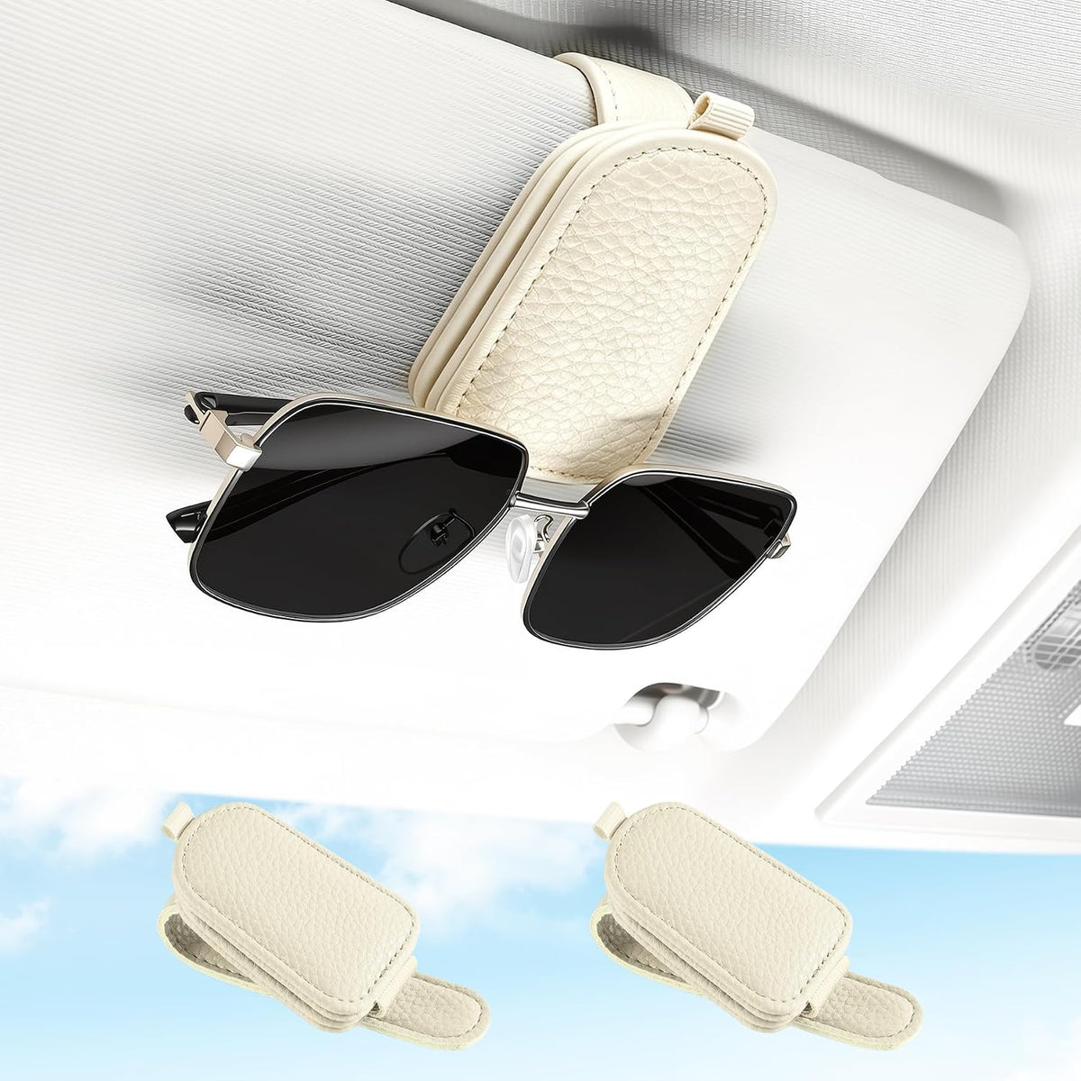 SINGARO 2PCS Sunglasses Holder for Car, Leather Magnetic Buckle Sun Visor Sunglass Clip, Ticket Card Storage Glasses Clip, Car Interior Accessories for Men and Women（Black）
