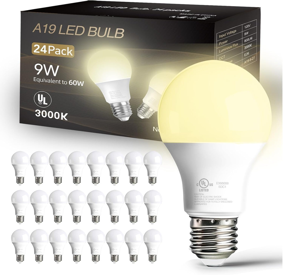 dalattin 24 Pack LED Bulbs Daylight White 5000K, 60 Watt Equivalent A19 Standard Bulbs, E26 Base, 800 LM, Efficient 9W Energy Saving, Non-Dimmable, 80+ CRI, 120V, UL Listed, for Living Room, Office