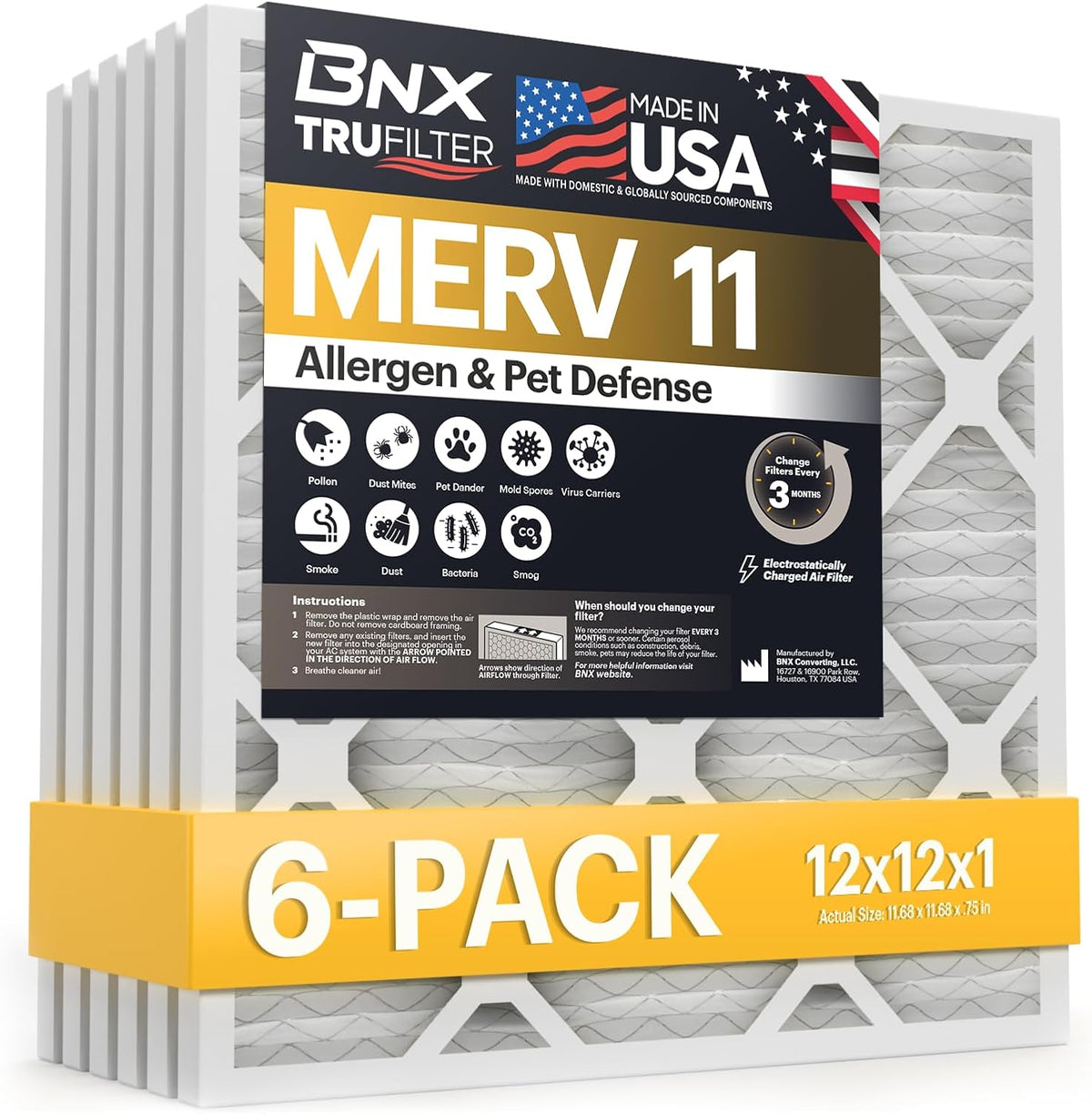 BNX TruFilter 20x20x1 Air Filter MERV 11 (6-Pack) - MADE IN USA - Allergen Defense Electrostatic Pleated Air Conditioner HVAC AC Furnace Filters for Allergies, Dust, Pet, Smoke, Allergy MPR 1200 FPR 7