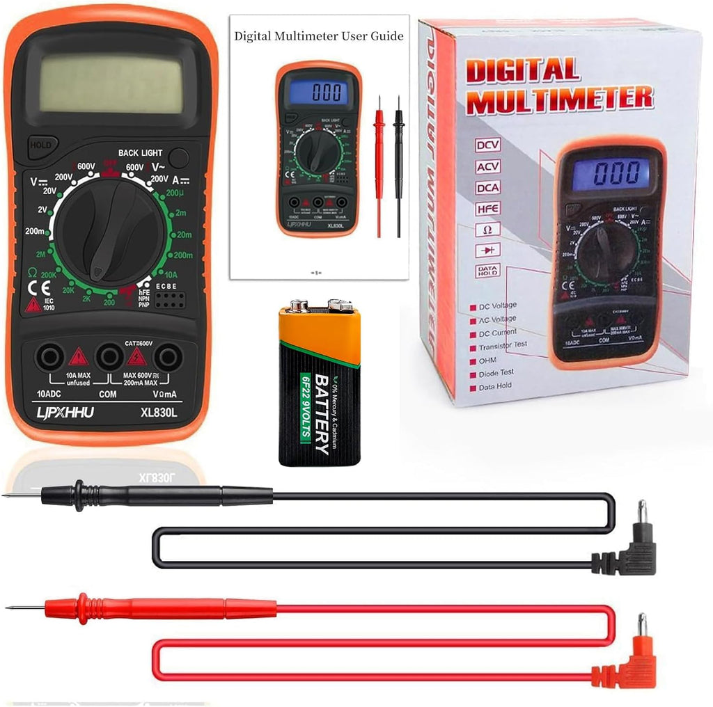 Digital Multimeter Voltmeter Battery Voltage Multi Tester Continuity Ohm Volt Amp DC AC Current Resistance Diodes 2000 Counts Electrical Test Meter with Leads Backlight LCD Display